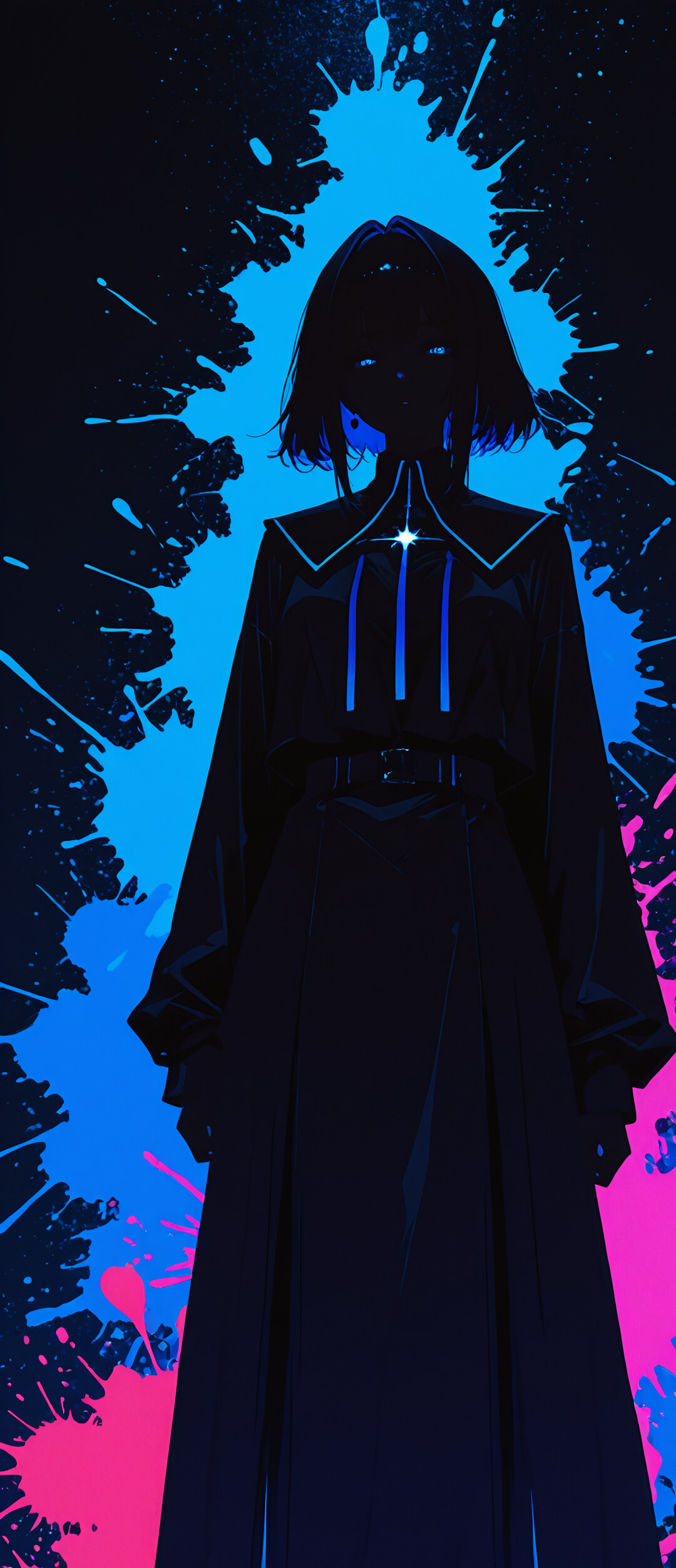 Portrait numérique d’une femme aux longs cheveux noirs et aux yeux rouges lumineux, sur un fond de taches de peinture néon rose et bleue.