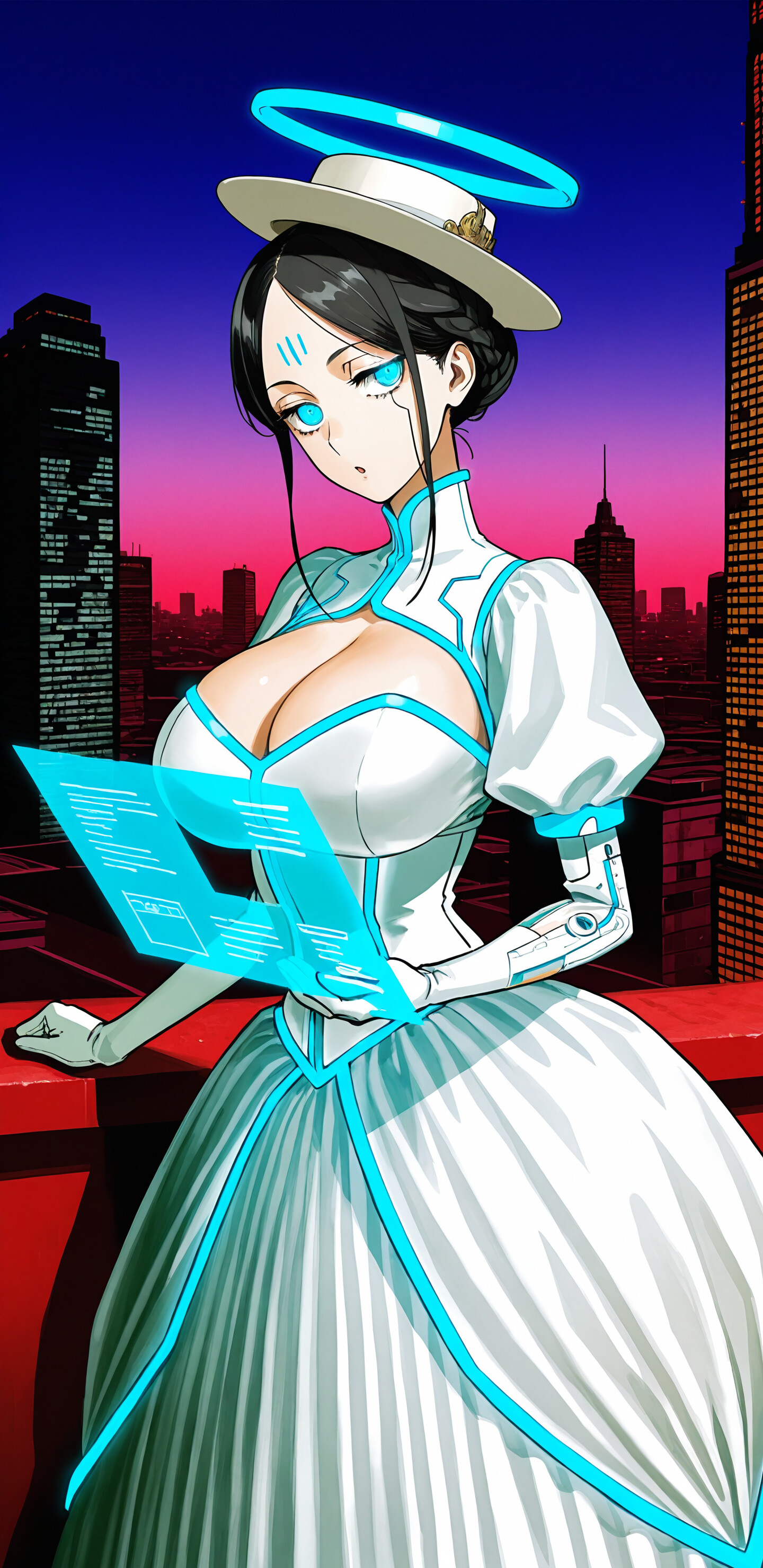 Une femme, dans le style des dessins animés japonais, porte une robe et un chapeau victoriens futuristes, blancs et bleus. Elle se tient sur un toit au crépuscule, tenant une tablette holographique lumineuse devant elle, avec en arrière-plan le paysage urbain illuminé par des néons. Un halo bleu flotte au-dessus de sa tête.