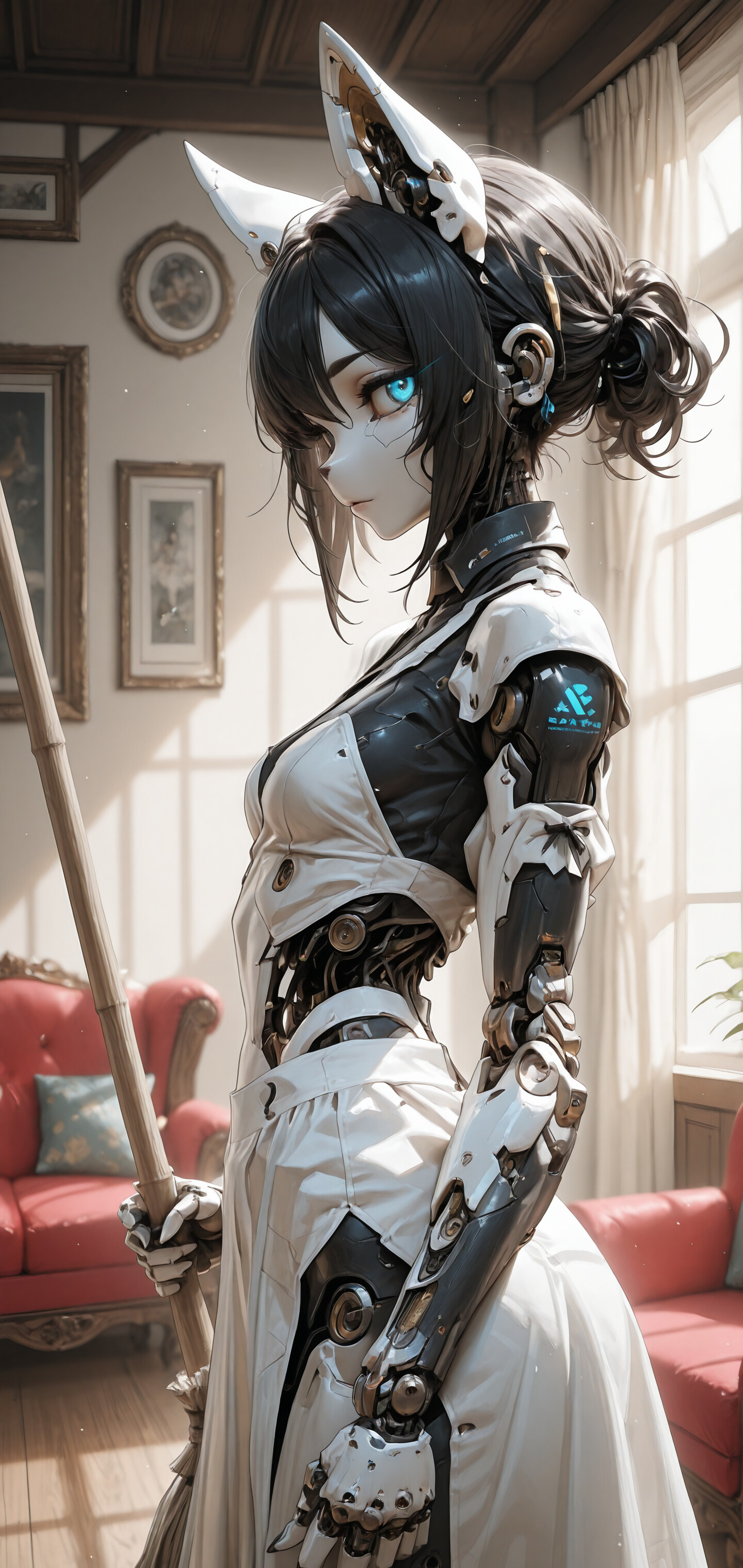 Une illustration numérique représentant une cyborg féminine aux cheveux blancs, aux yeux bleus lumineux et aux oreilles de chat, vêtue d’un uniforme de femme de chambre et tenant une serpillière futuriste dans une pièce au style classique.