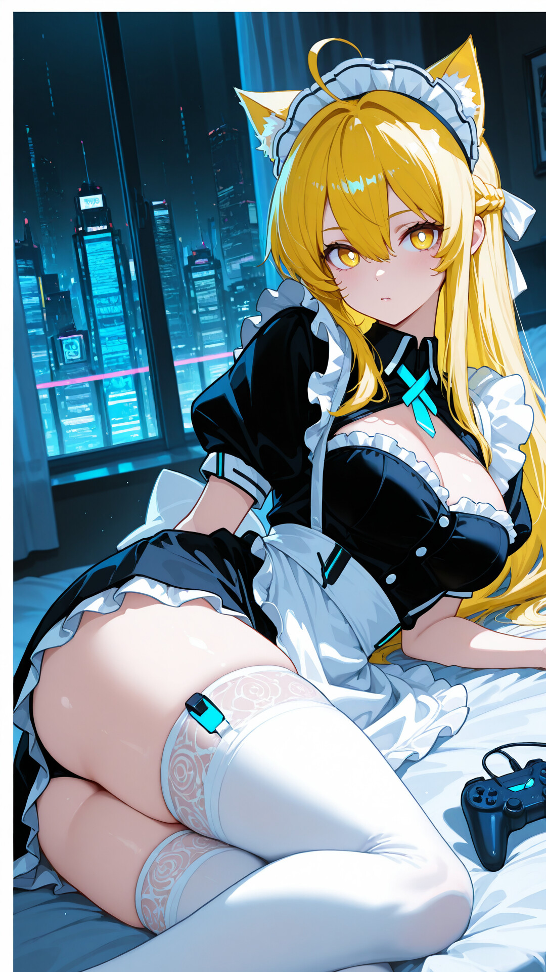 Une jeune fille-chat issue d’un anime, avec de longs cheveux blonds et des yeux jaunes, vêtue d’un uniforme de femme de chambre cyberpunk noir et blanc, assise dans une pièce sombre, avec une ville illuminée par des néons visible à travers la fenêtre derrière elle.