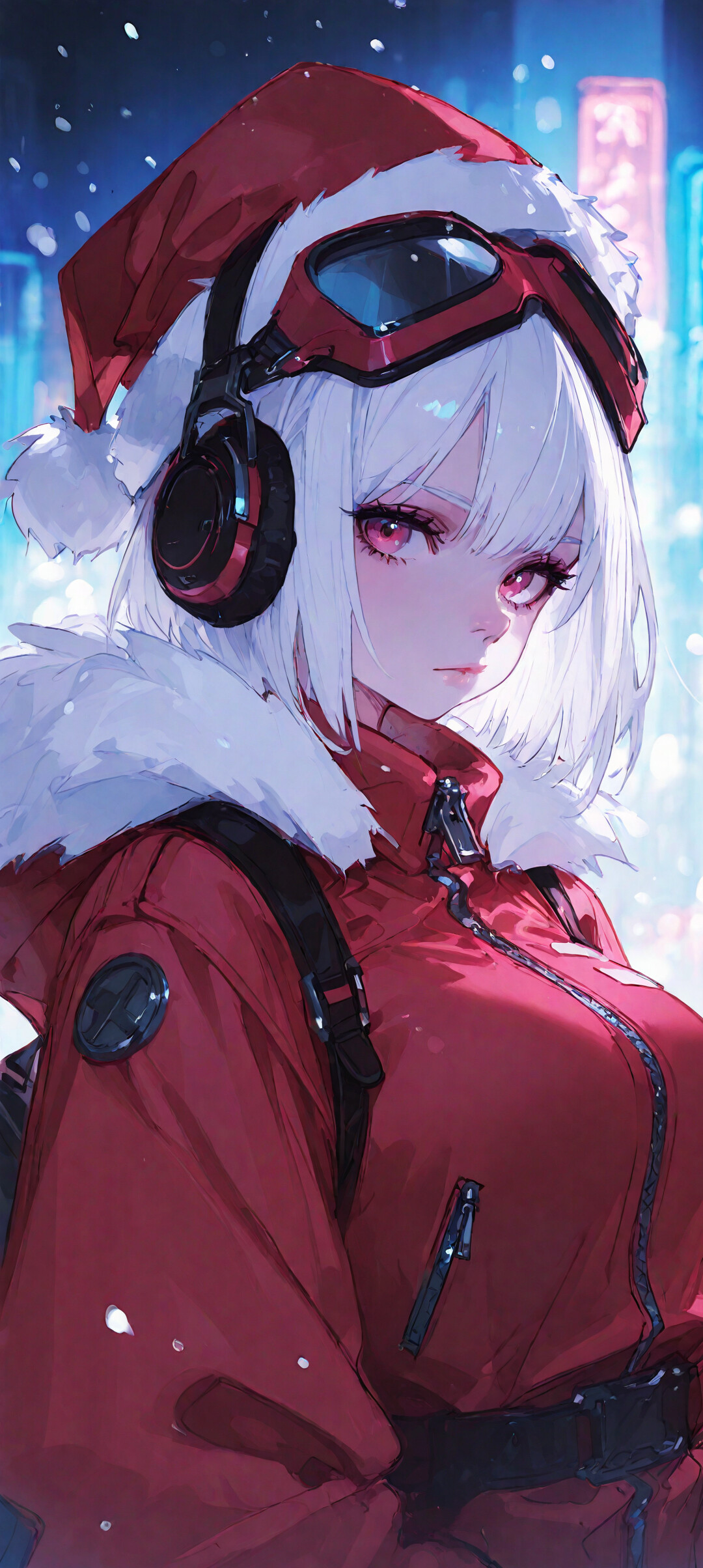 Une jeune fille de dessin animé, aux cheveux courts et blancs et aux yeux rouges, porte un bonnet de Père Noël rouge, des lunettes, un casque audio et une veste d’hiver rouge. Elle se tient dans une rue enneigée d’une ville, avec des néons en arrière-plan.