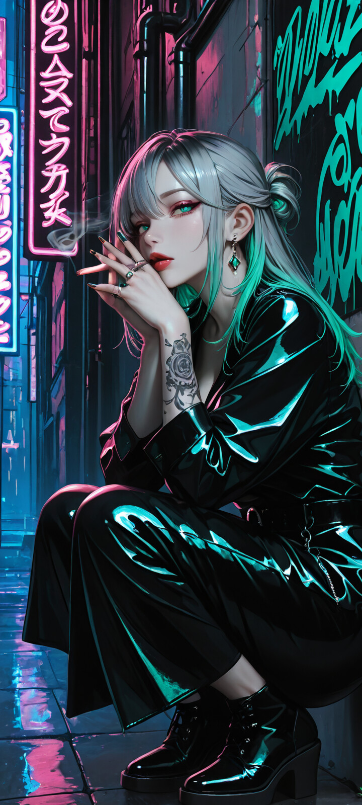 Une illustration de style manga représentant une jeune femme aux cheveux gris, avec des mèches vertes et des yeux vert vif. Elle est accroupie dans une ruelle sombre, éclairée par des néons, et fume une cigarette tout en regardant directement l’objectif de la caméra. Elle a un grand tatouage de rose sur le bras.
