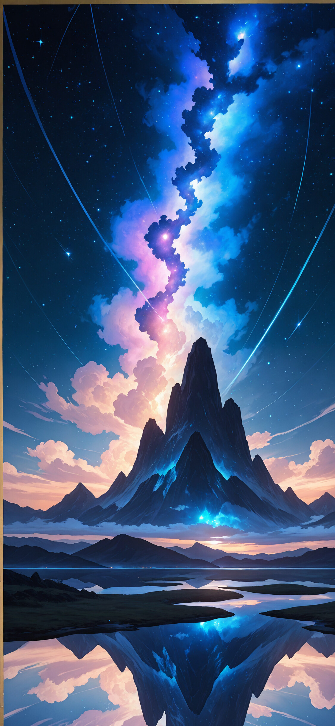 Une silhouette solitaire, enveloppée dans un manteau, se tient devant une montagne imposante et aux contours déchiquetés, sous un ciel nocturne étoilé et coloré, où l’on aperçoit une nébuleuse. Le tout se reflète dans l’eau calme en contrebas.