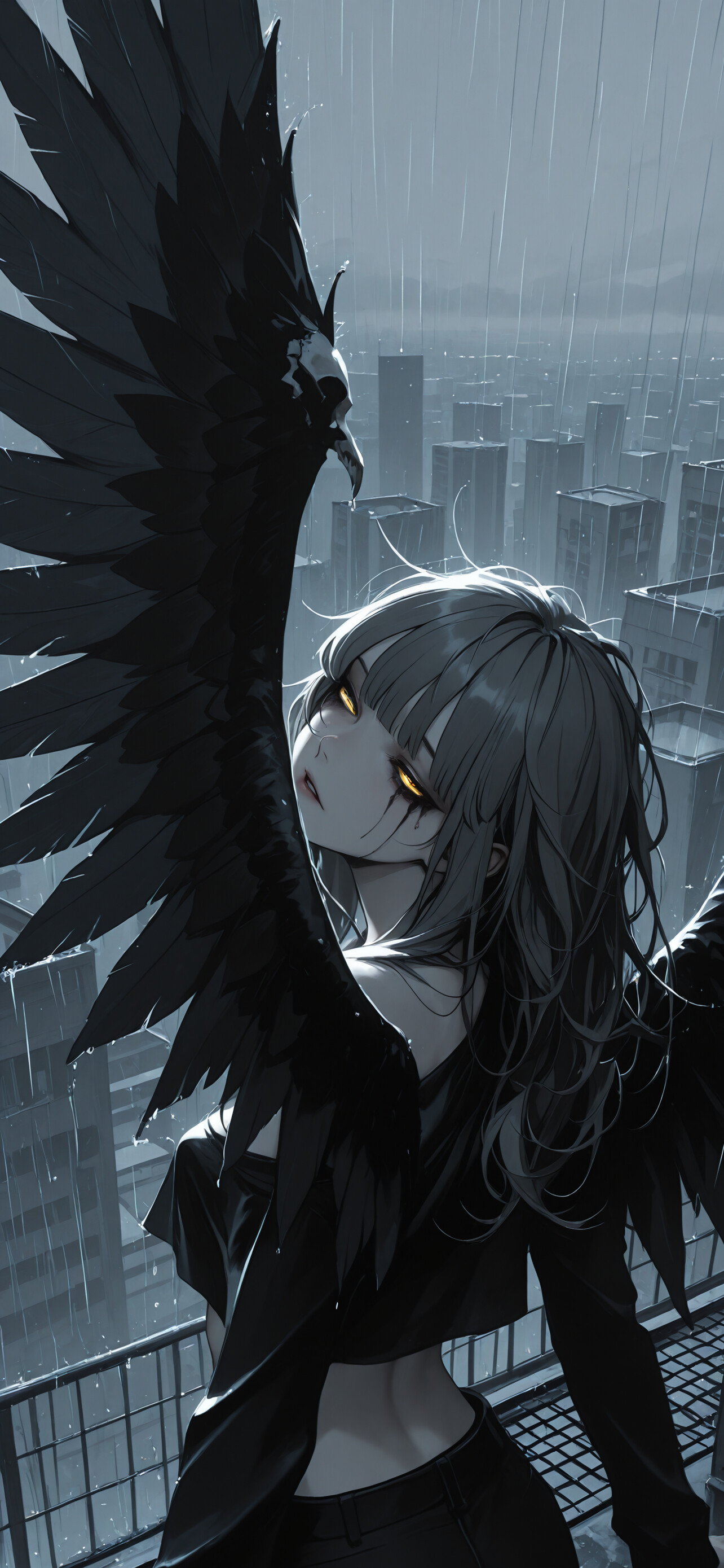 Une illustration de style manga représentant une jeune femme aux grandes ailes noires et aux yeux jaunes lumineux, qui lève les yeux vers la pluie depuis le toit d’un immeuble en ville. Son maquillage coule et son expression est triste.