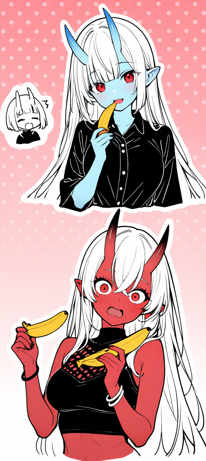 Une jeune fille d’anime à la peau bleue, aux longs cheveux blancs, aux yeux rouges et aux cornes dont les extrémités sont rouges, qui semble choquée et rougit beaucoup. Elle porte un haut court noir à col montant sur un fond rose à pois.