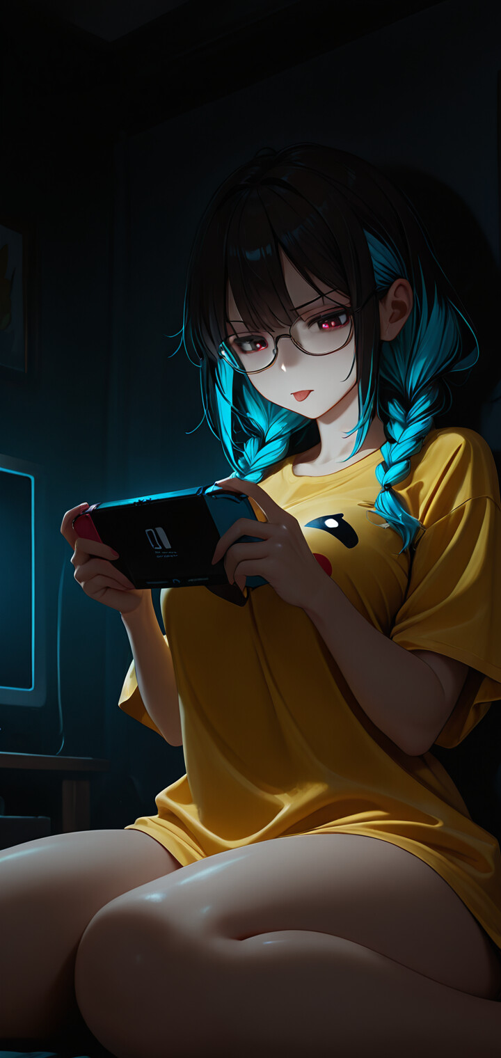 Une jeune fille d’anime aux cheveux noirs et bleus tressés, portant des lunettes et un grand t-shirt jaune, est assise dans une pièce sombre, concentrée sur son jeu vidéo portable.