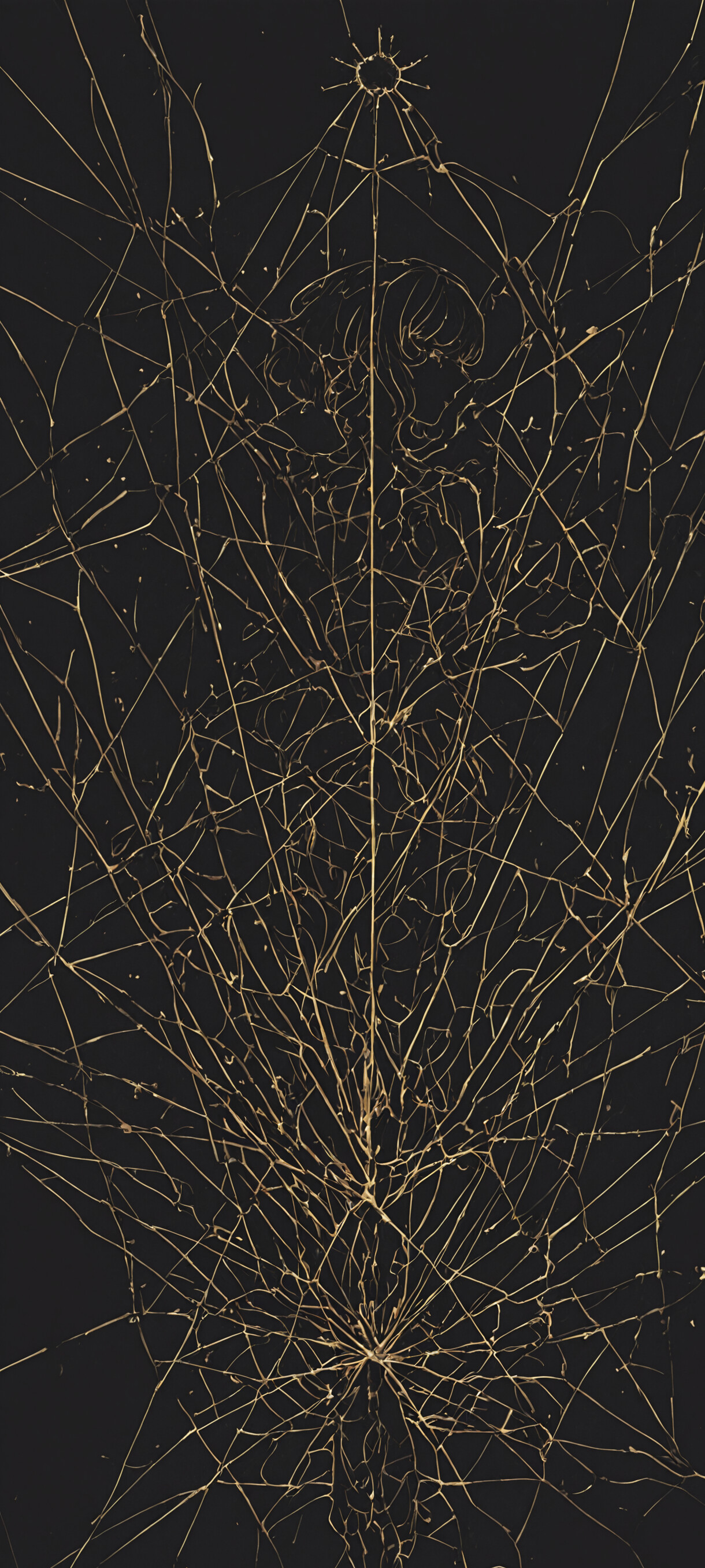 Il s’agit d’une œuvre d’art abstraite moderne représentant Rei Ayanami, personnage de l’anime Neon Genesis Evangelion, de profil. L’image est un dessin au trait réalisé en cuivre brillant sur un fond quadrillé sombre, et le côté de sa tête se fond dans une spirale chaotique et magnifique.