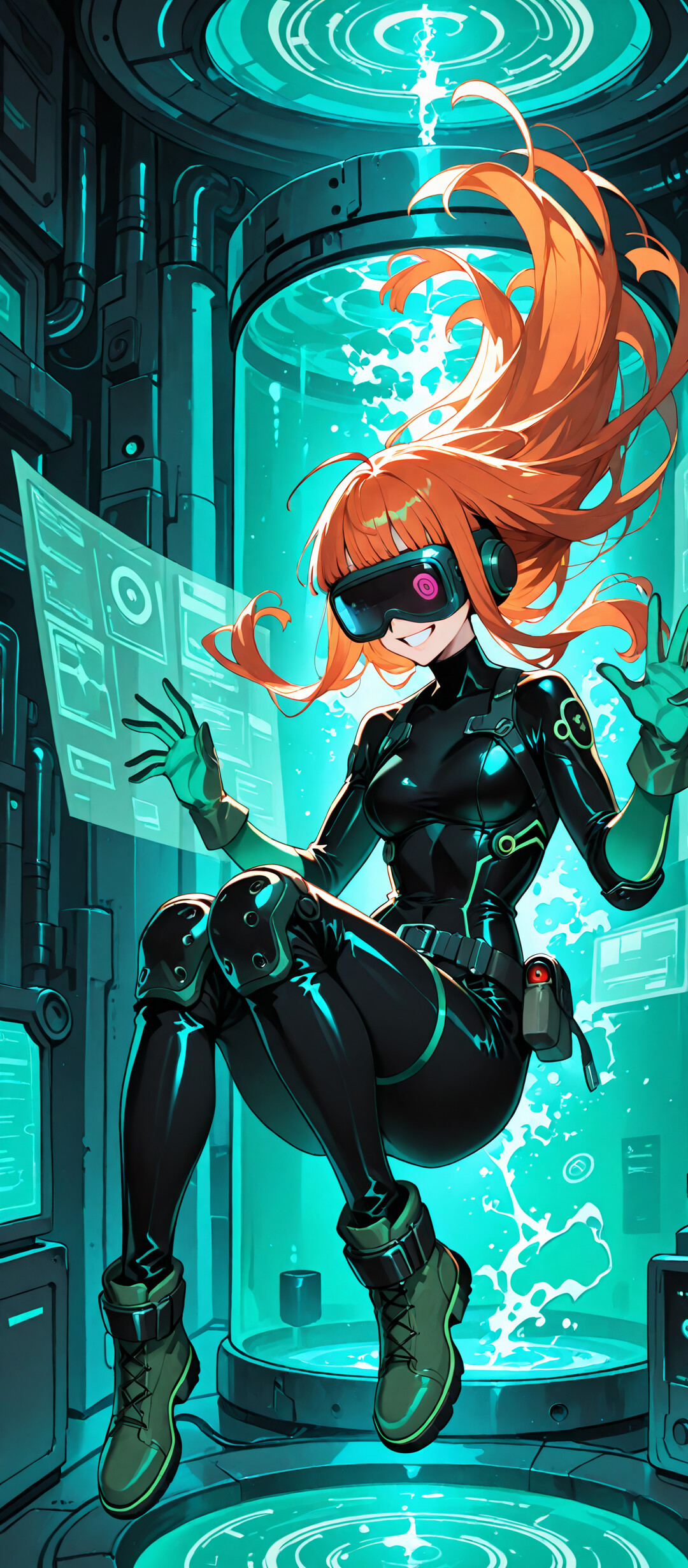Une illustration de style manga représentant Futaba Sakura, personnage du jeu Persona 5, flottant dans un décor futuriste. Elle a de longs cheveux orange, porte des lunettes et affiche un large sourire. Elle est vêtue de sa combinaison noire Oracle, avec un casque de réalité virtuelle, des gants verts et des bottes, et ses bras sont levés en l’air.