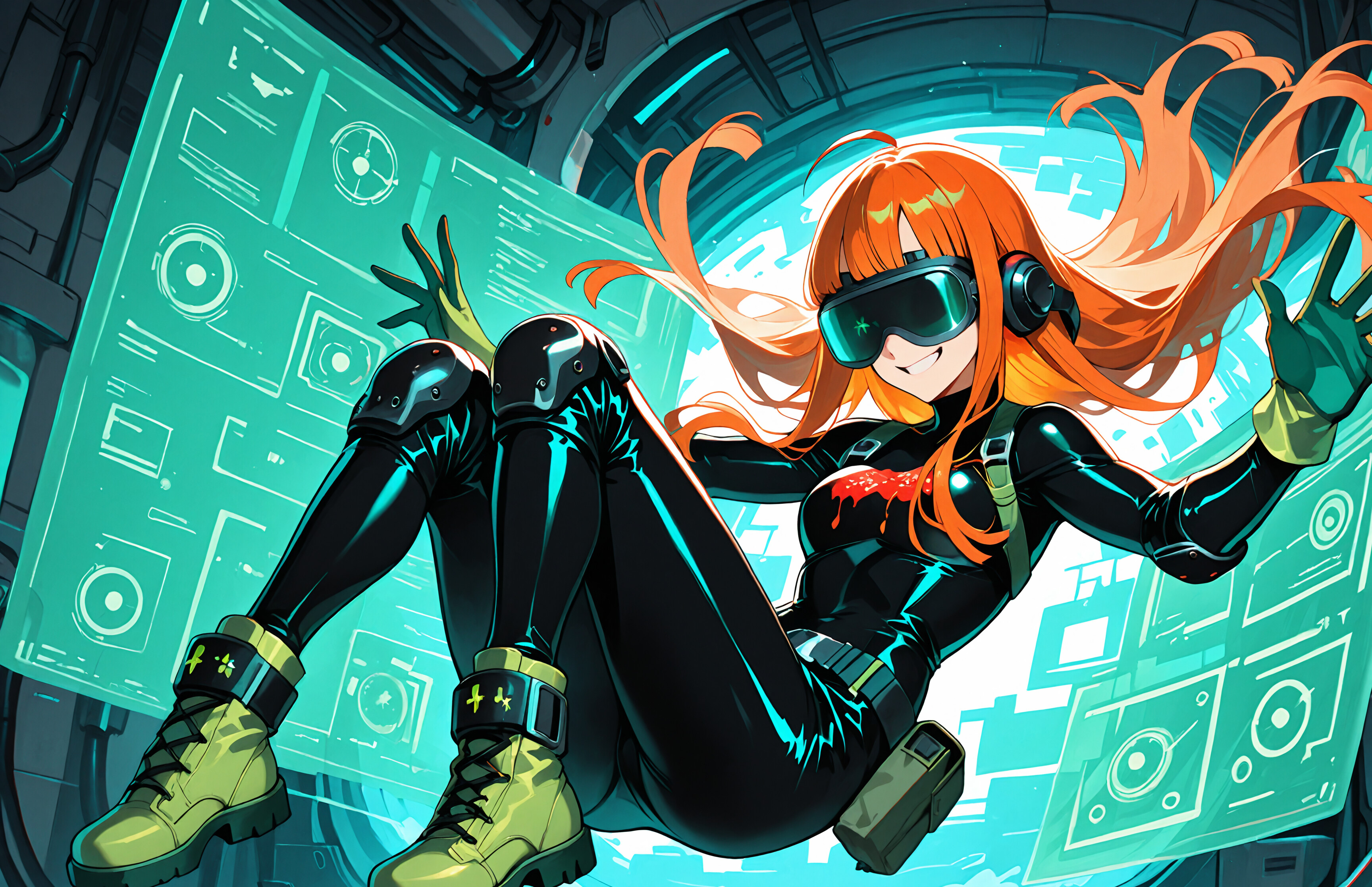 Une illustration de style manga représentant Futaba Sakura, personnage du jeu Persona 5, flottant dans un décor futuriste. Elle a de longs cheveux orange, porte des lunettes et affiche un large sourire. Elle est vêtue de sa combinaison noire Oracle, avec un casque de réalité virtuelle, des gants verts et des bottes, et ses bras sont levés en l’air.