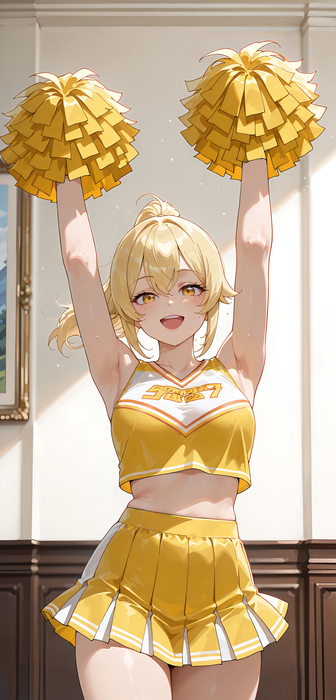 Une illustration de Lumine, personnage du jeu Genshin Impact, dans un style inspiré des mangas, la représentant en tenue de pom-pom girl. C’est une jeune fille blonde aux yeux dorés, souriante, tenant deux pompons jaunes dans une pièce lumineuse avec des fenêtres.