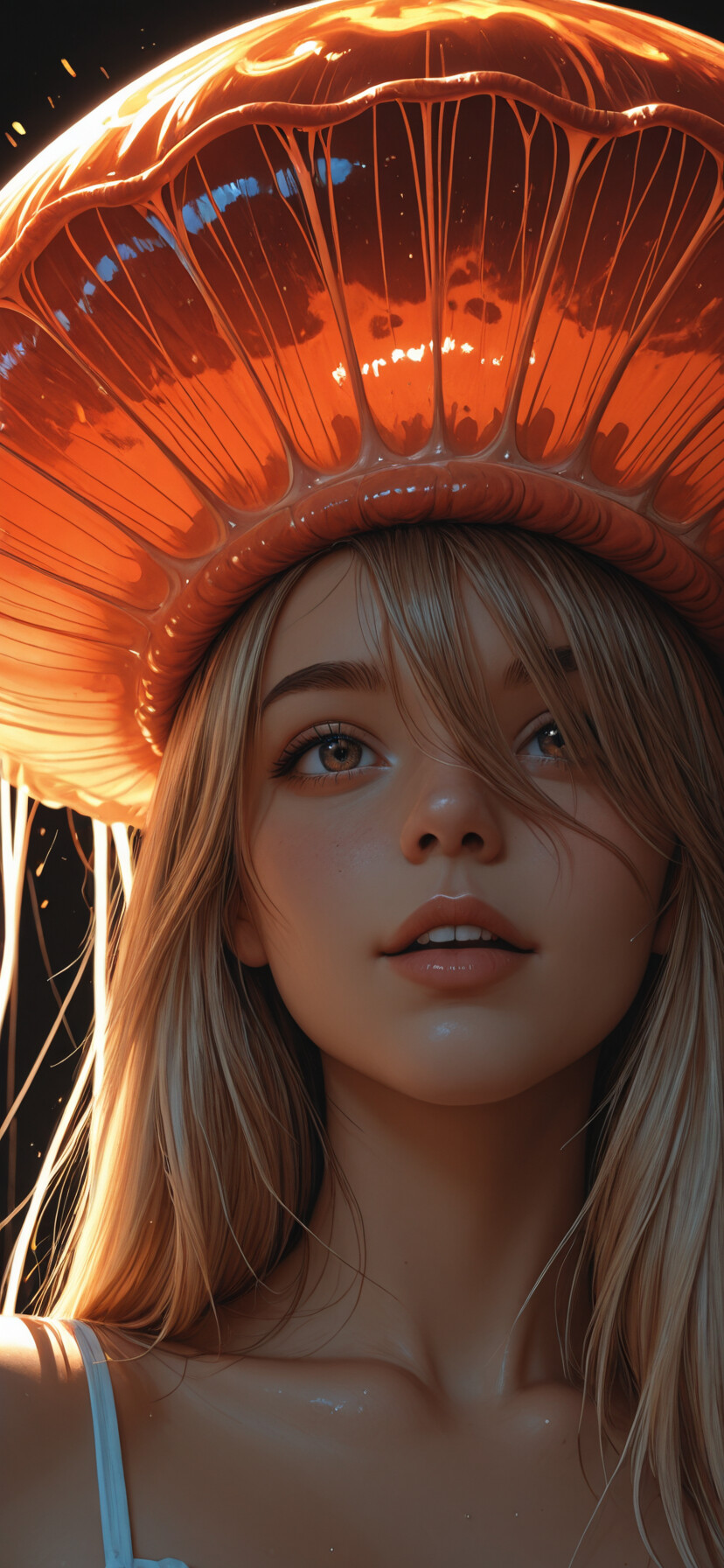 Un portrait photoréaliste d’une jeune femme aux longs cheveux blonds et aux yeux orange, portant un grand chapeau orange et lumineux en forme de méduse, le tout sur un fond noir.