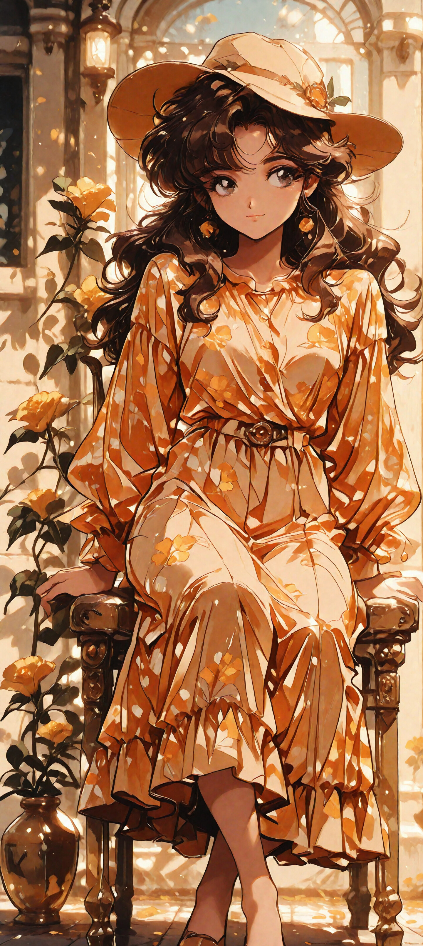 Un portrait en pied d’une jeune femme au style manga, avec de longs cheveux bruns et un chapeau jaune, assise sur une chaise en bois. Elle porte une longue robe jaune-orangée à motifs floraux et sourit doucement dans un jardin ensoleillé, entourée de roses jaunes.