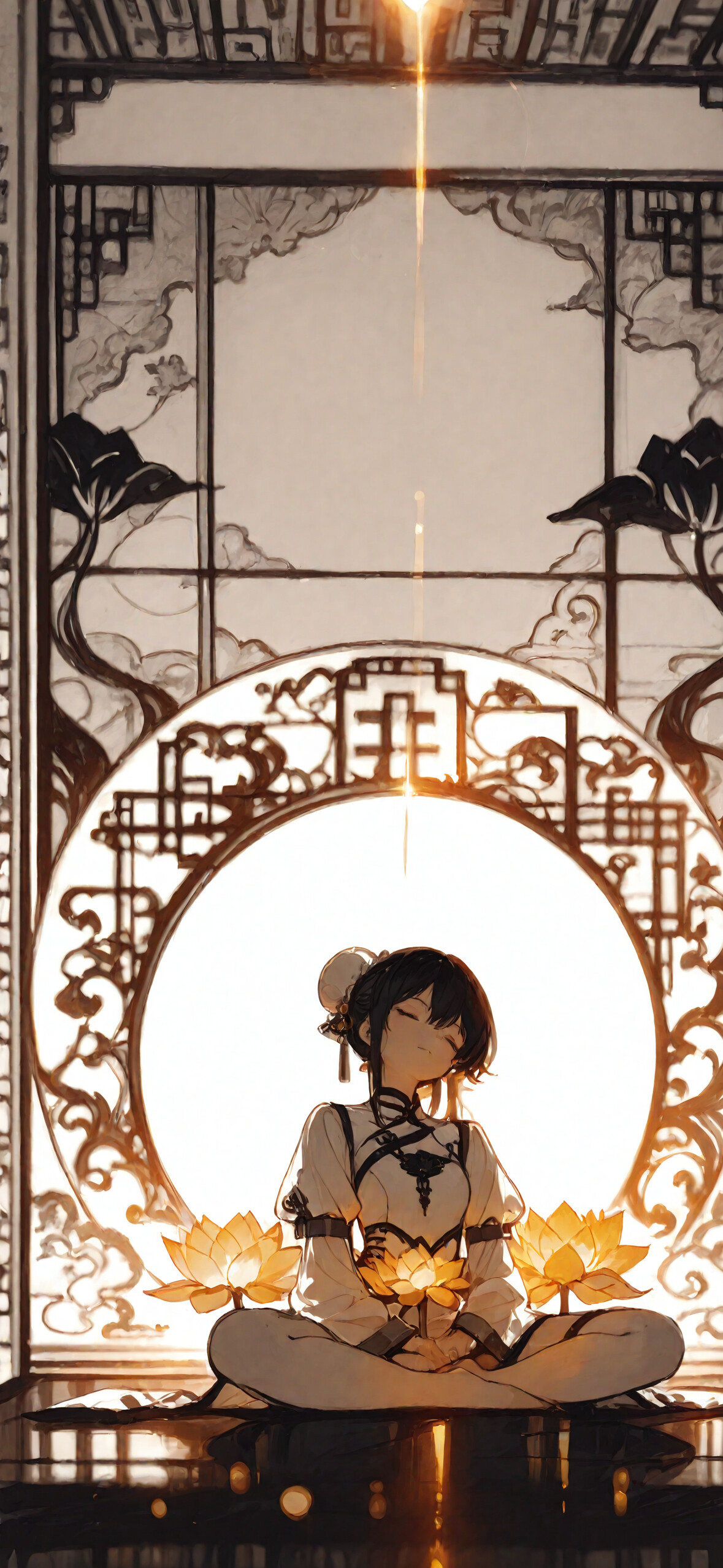 Une jeune fille d’anime aux cheveux blancs, coiffée en deux chignons, médite en position du lotus. Elle porte une robe qipao blanche et est entourée de fleurs de lotus dorées et d’un halo lumineux, le tout se détachant sur un fond de paravents chinois.