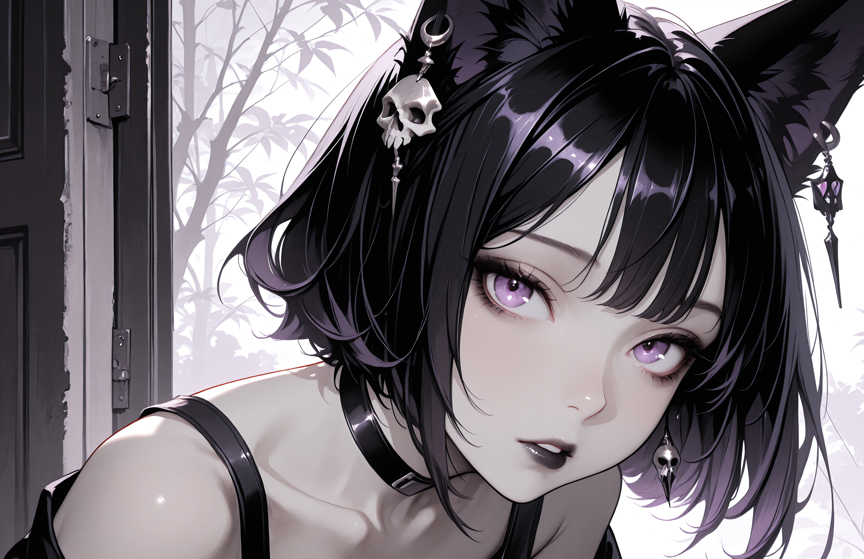 Une illustration de style manga représentant une jeune fille aux oreilles de renard noir, aux yeux violets et aux lèvres peintes en noir. Elle porte des boucles d’oreilles en forme de crâne et un débardeur noir, et regarde directement le spectateur avec une expression séduisante.