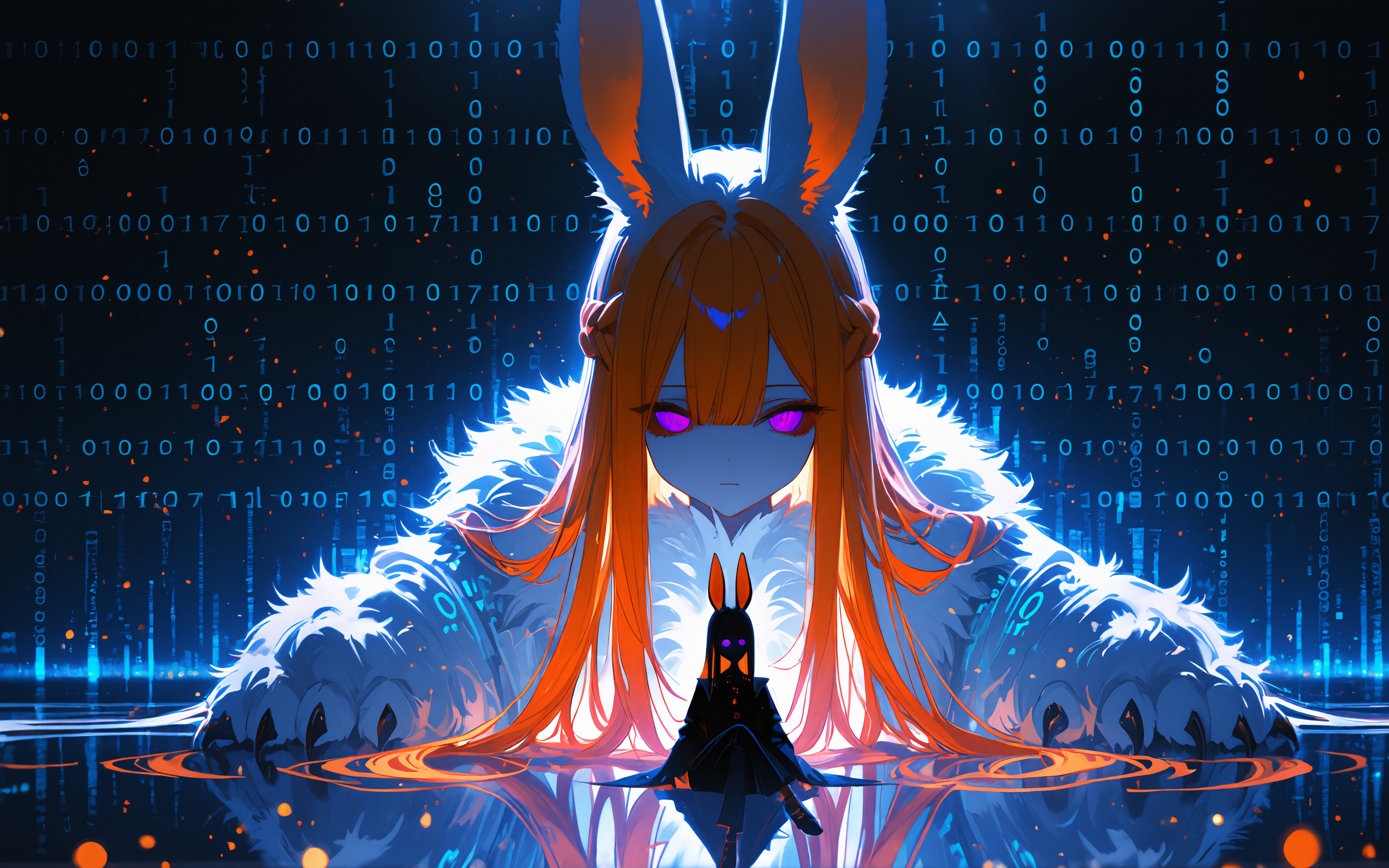 Une illustration de style manga représentant une jeune fille aux cheveux orange et aux oreilles de lapin, assise devant un immense lapin blanc et lumineux doté d’un troisième œil, le tout dans un monde numérique futuriste où du code binaire tombe en pluie.