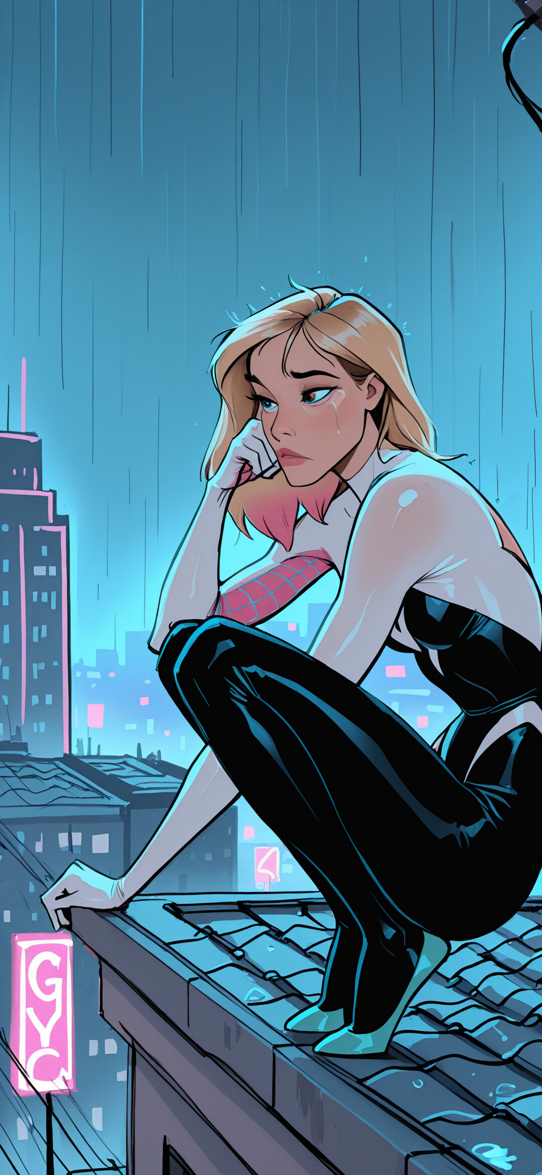 Gwen Stacy, dans le rôle de Spider-Gwen, porte son emblématique costume noir et blanc. On la voit accroupie, plongée dans ses pensées, sur un toit humide, dans une ville illuminée par des néons, sous une pluie nocturne.