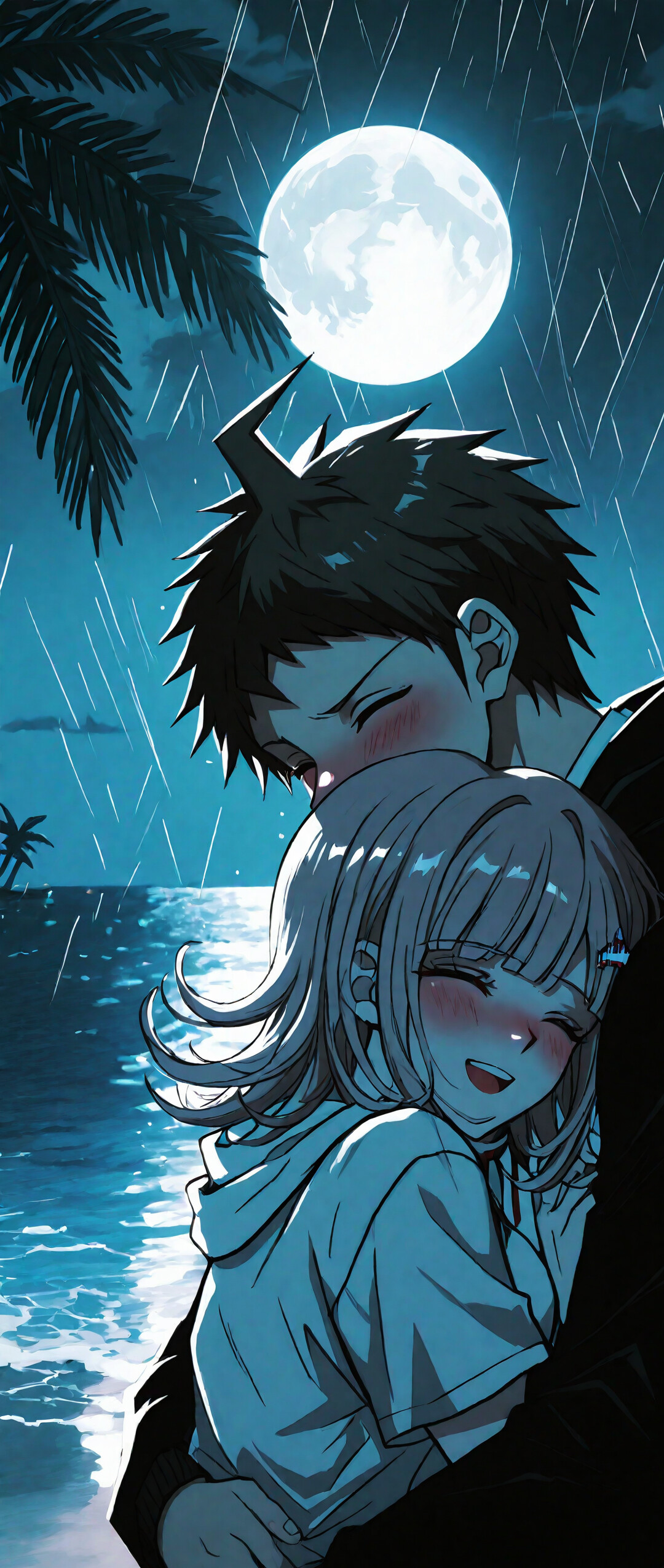 Une illustration de style manga représentant Hajime Hinata et Chiaki Nanami, personnages de Danganronpa, enlacés tendrement sur une plage pluvieuse, la nuit, avec une pleine lune et des palmiers en arrière-plan.