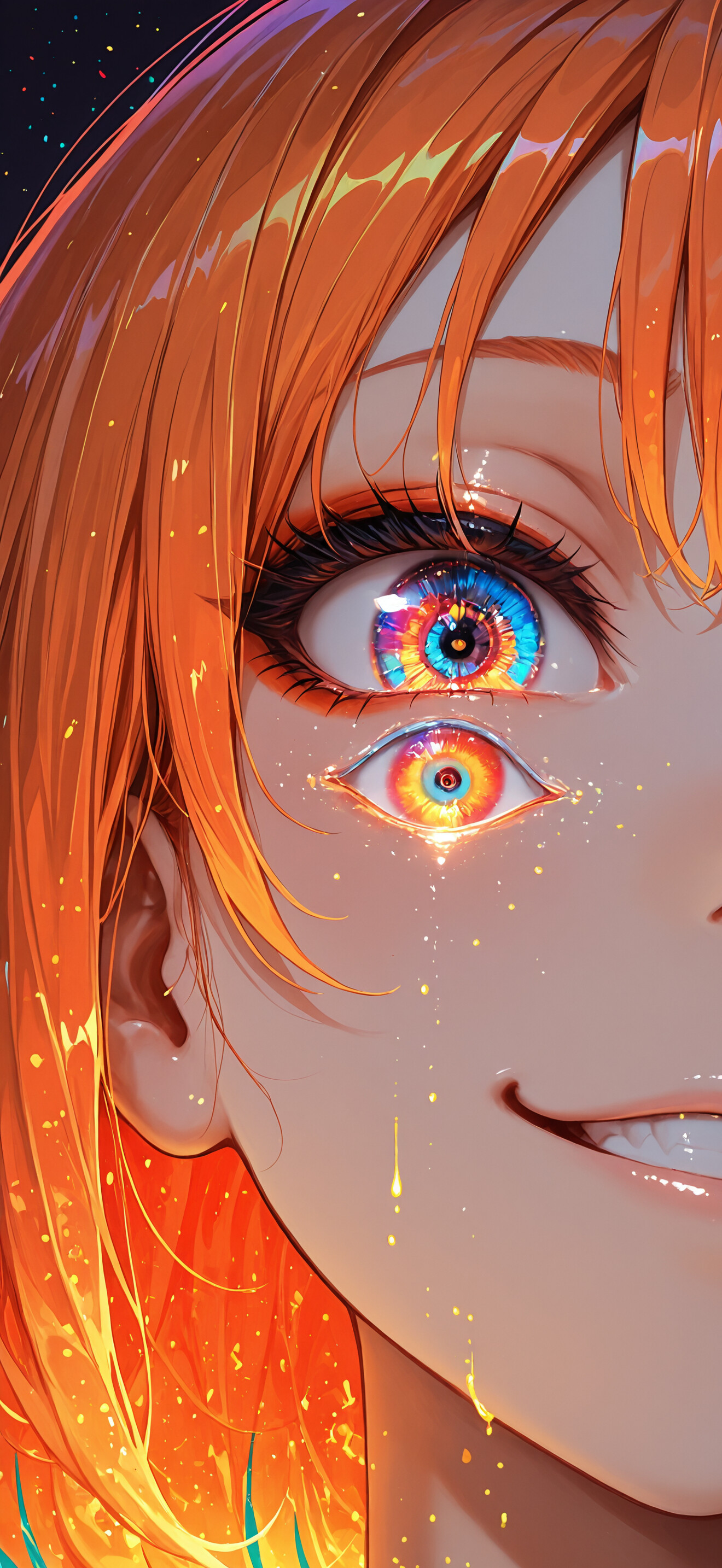 Une illustration en gros plan d’une jeune fille d’anime, avec des cheveux orange vif et un sourire narquois. Ses yeux sont au centre de l’attention, et présentent des motifs complexes, lumineux et kaléidoscopiques, avec des anneaux de couleurs arc-en-ciel.