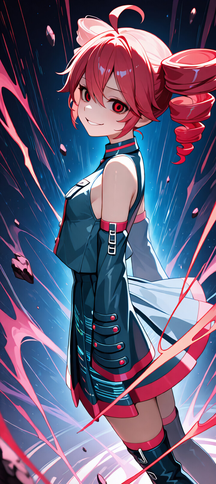 Une illustration de Kasane Teto dans un style manga, avec des cheveux rouges coiffés en deux couettes et un sourire espiègle. Elle porte une tenue futuriste bleue et rouge. Elle se tient au milieu d’une énergie rose tourbillonnante et de rochers flottants, devant un portail lumineux et éclatant.