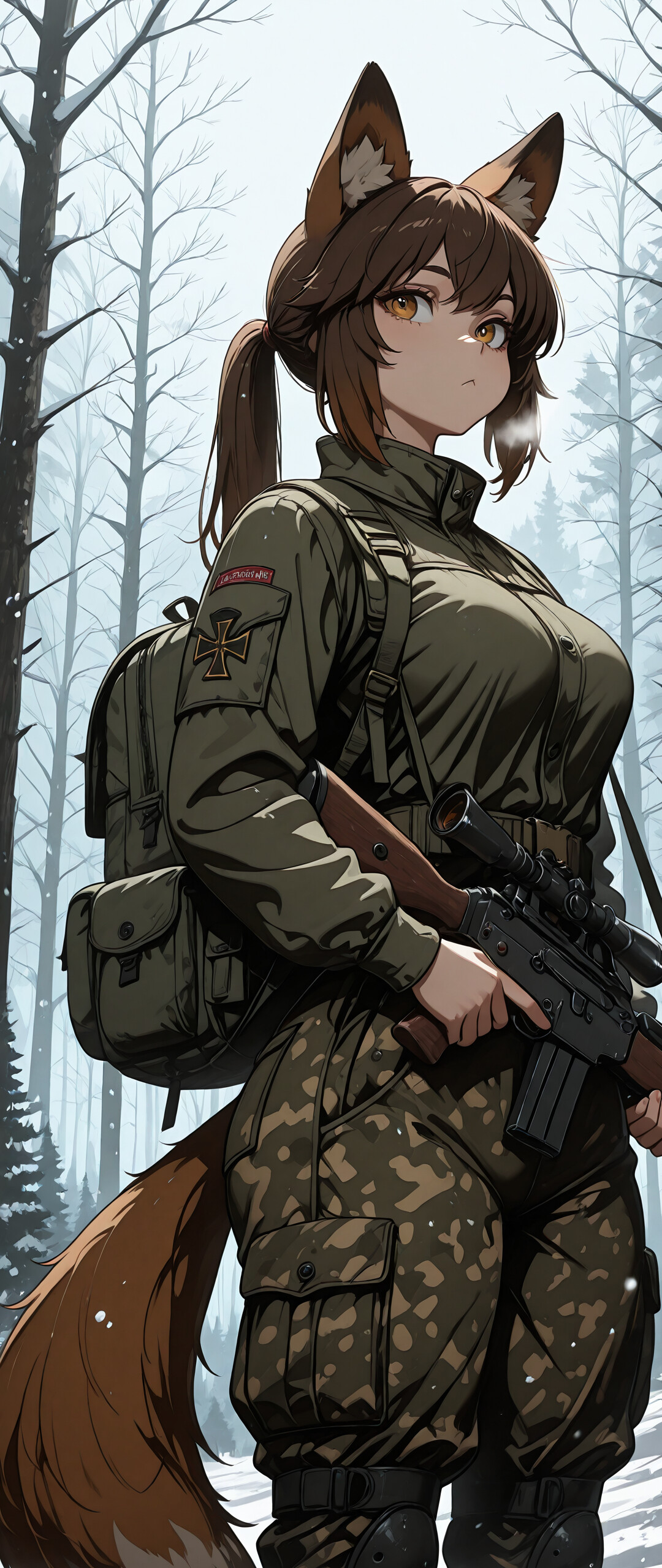 Une jeune fille à l’allure d’un personnage d’anime, avec des cheveux bruns attachés en queue de cheval, vêtue d’une veste militaire verte et d’un pantalon de camouflage, se tient dans une forêt enneigée, tenant un fusil de sniper.