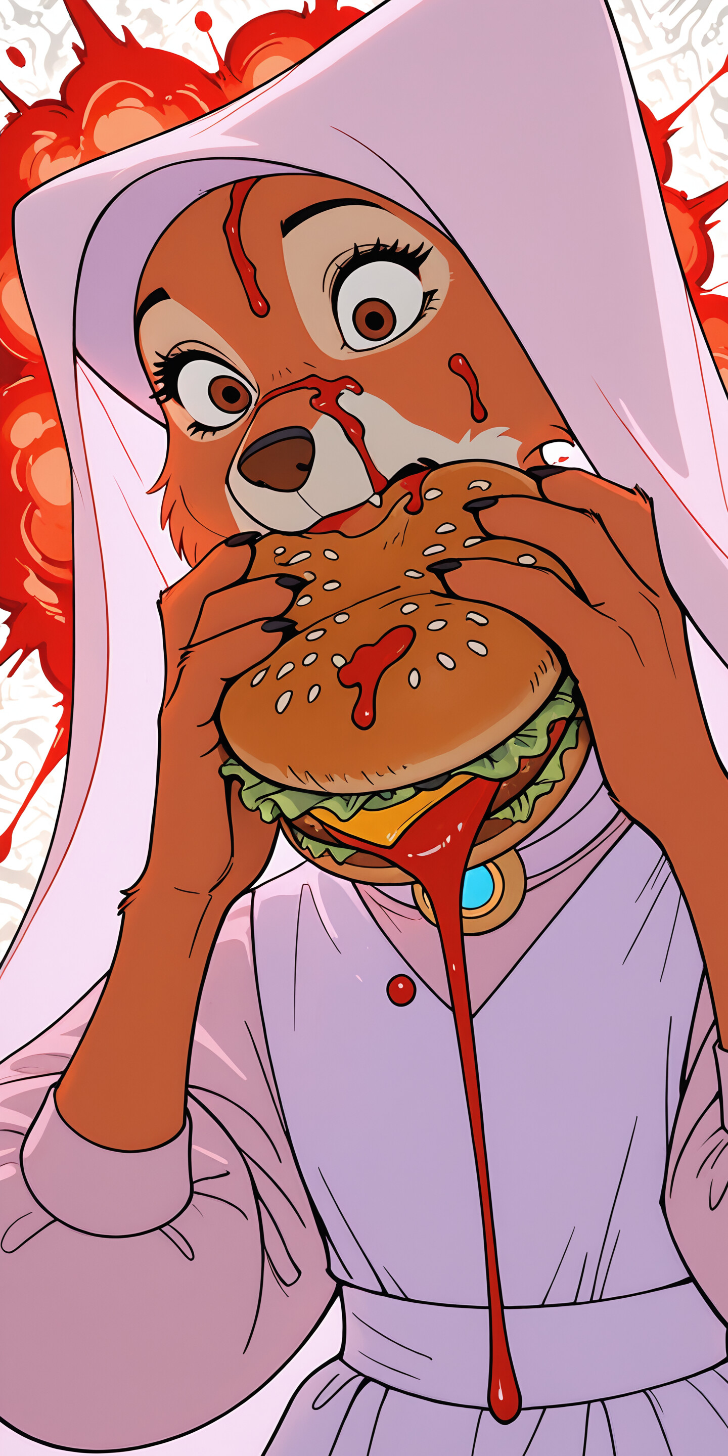 Une illustration de Marianne, le renard du film « Robin des Bois » de Disney, qui affiche une expression de choc en train de croquer goulûment dans un énorme cheeseburger. Du ketchup est éclaboussé sur son visage et coule du burger, le tout sur un fond rouge et orange aux couleurs vives.