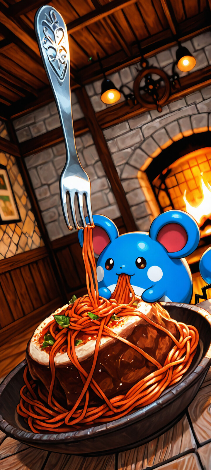 Le Pokémon Marill, une créature ronde et bleue aux grandes oreilles, est assis à une table en bois dans une pièce rustique, et mange joyeusement une grande assiette de spaghettis avec une fourchette dans la bouche. On peut apercevoir une cheminée chaleureuse et une étagère remplie de bouteilles à l’arrière-plan, créant une atmosphère accueillante.