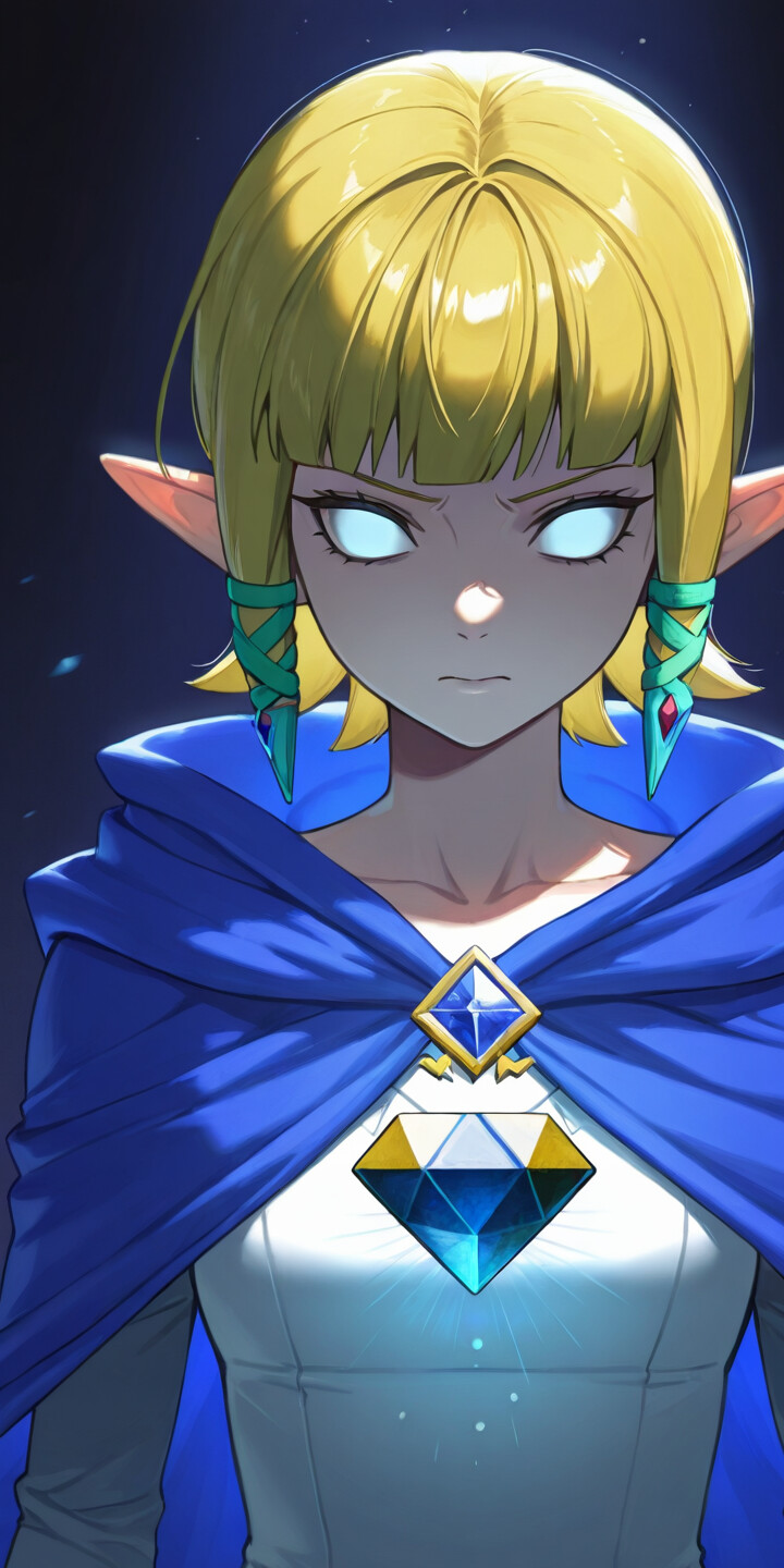 Une illustration de la princesse Zelda dans un style d’animation japonaise, avec des yeux bleus lumineux, portant une cape bleue à capuche et tenant une gemme bleue étincelante. Le symbole de la Triforce est visible sur son front.