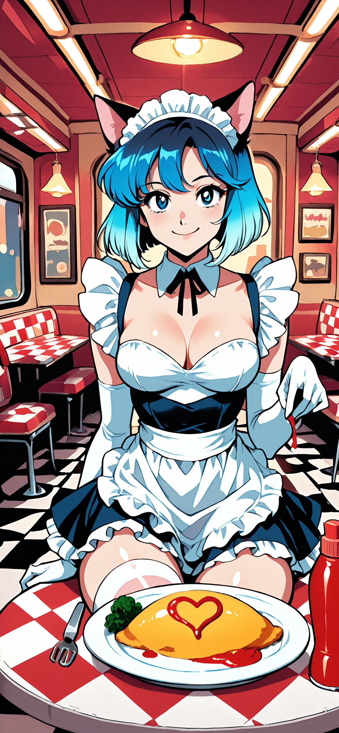 Une jeune fille à l’allure d’animé, avec de courts cheveux bleus et roses, vêtue d’un uniforme de serveuse, sourit en tenant une bouteille de ketchup au-dessus d’une assiette d’omurice décorée d’un cœur en ketchup, dans un restaurant à l’ambiance rétro.