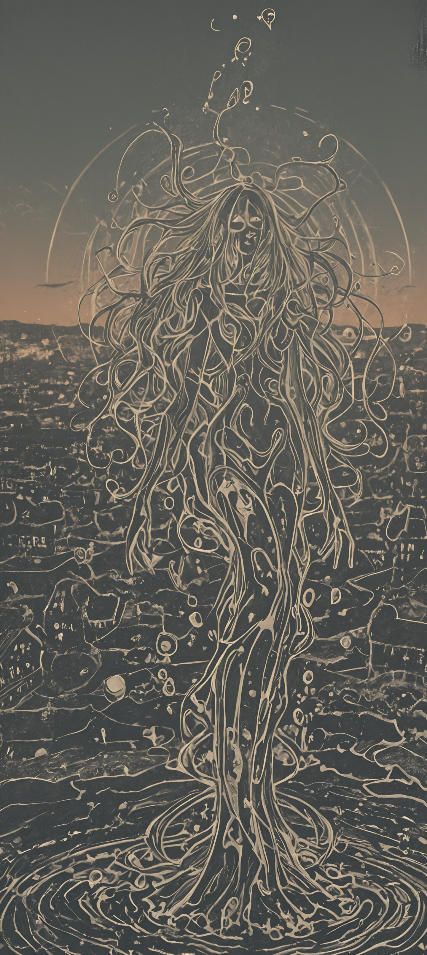 Une peinture abstraite sur fond sombre, recouverte d’un réseau dense et complexe de lignes et de points dorés tourbillonnants. En haut, au centre, une seule sphère lumineuse et éclatante sert de point central.