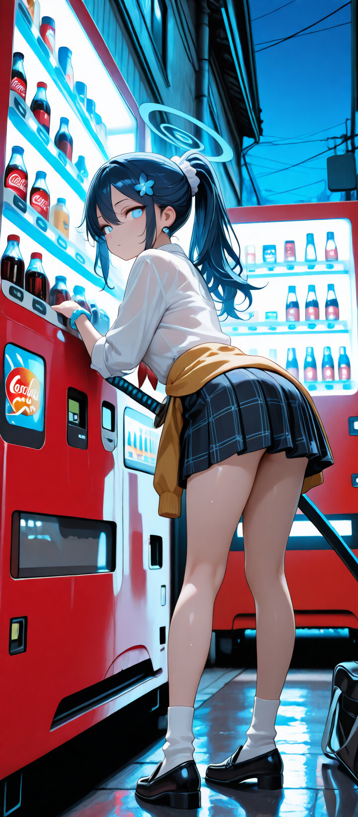 Une jeune fille d’anime aux cheveux bleu clair, portant une auréole et ayant des yeux bleus lumineux, identifiée comme Arona, personnage de Blue Archive, se tient dans une ruelle sombre de la ville, tenant un katana bleu lumineux à côté d’un distributeur automatique rouge.