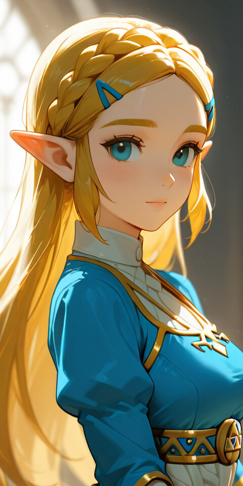 Une illustration de la princesse Zelda, tirée du jeu vidéo The Legend of Zelda, réalisée dans un style d’animation japonaise (anime). Elle a de longs cheveux blonds coiffés en une tresse ornée d’une couronne, des yeux bleus et des oreilles pointues. On la voit se retourner, vêtue d’une tenue bleue et dorée.