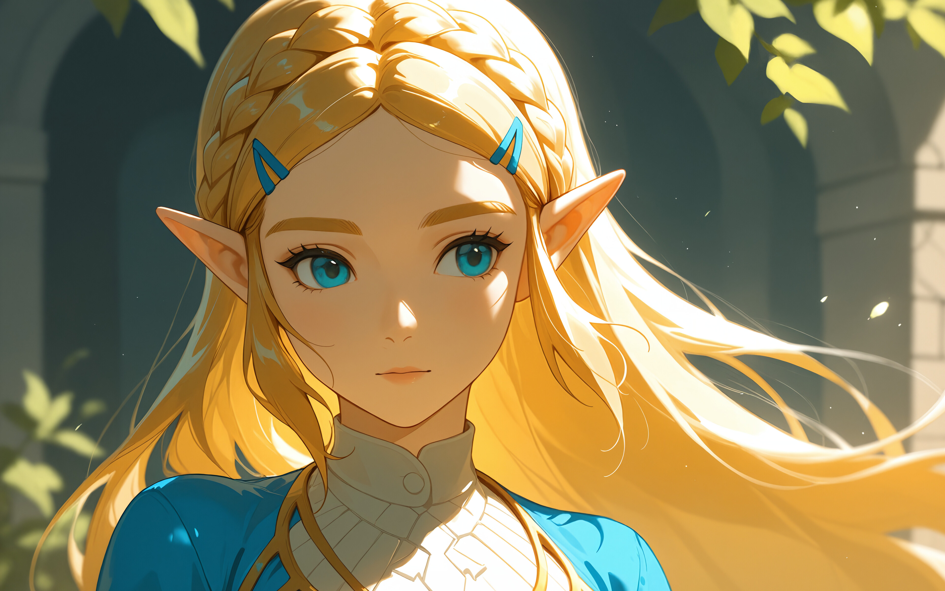 Une illustration de la princesse Zelda, tirée du jeu vidéo The Legend of Zelda, réalisée dans un style d’animation japonaise (anime). Elle a de longs cheveux blonds coiffés en une tresse ornée d’une couronne, des yeux bleus et des oreilles pointues. On la voit se retourner, vêtue d’une tenue bleue et dorée.
