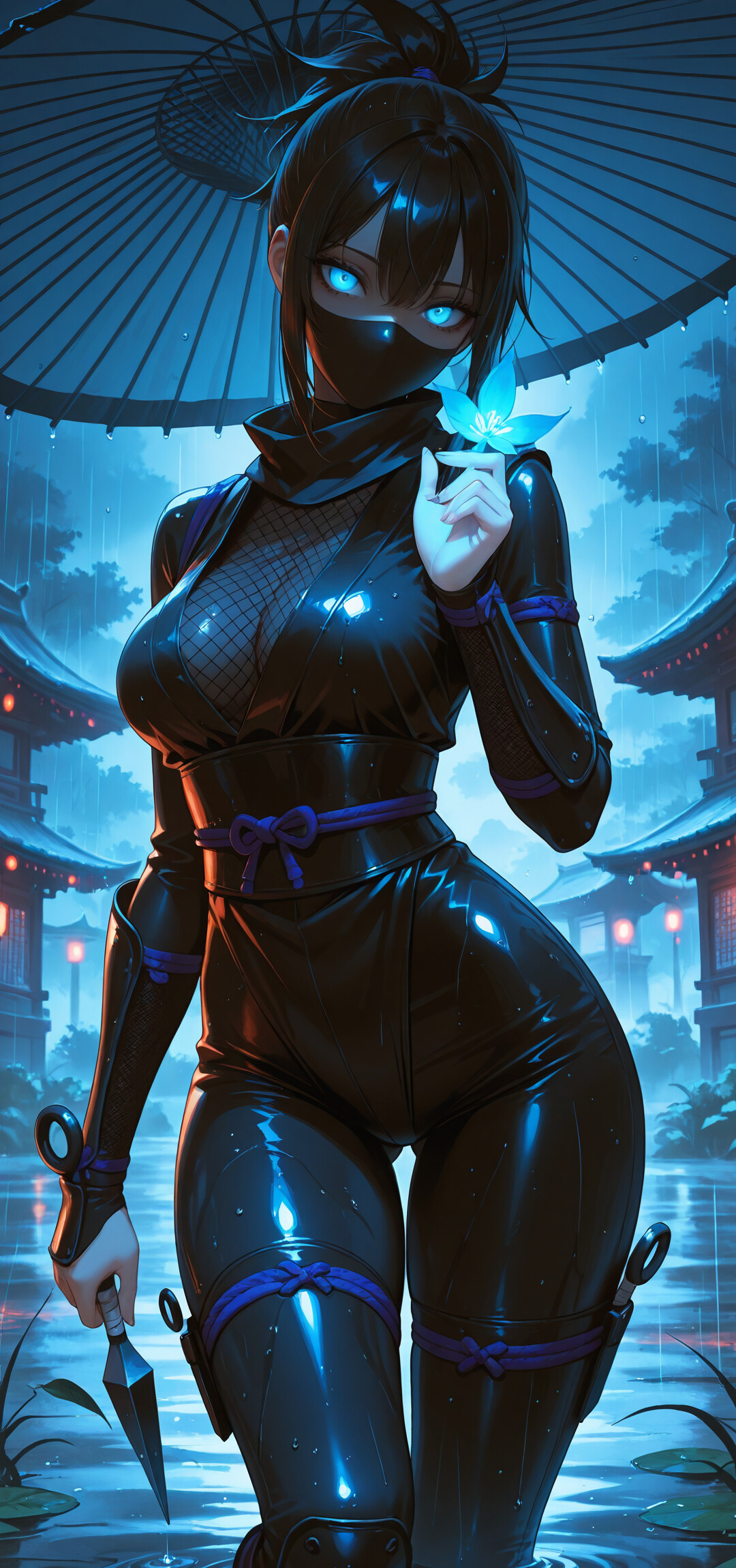 Une jeune femme, ninja dans un univers d’animation japonaise, aux yeux rougeoyants et vêtue d’une combinaison noire à capuche, se tient sous la pluie, la nuit. Elle tient un parapluie rouge dans une main et un kunai dans l’autre, et en arrière-plan, on aperçoit des bâtiments japonais illuminés par des lanternes.