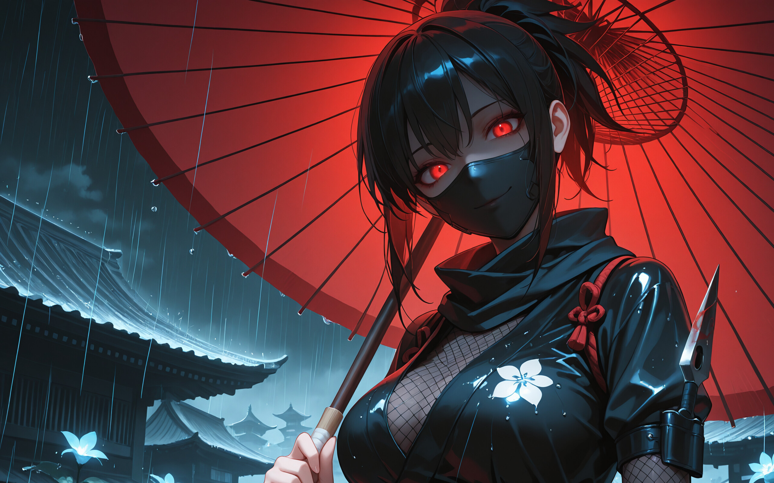 Une jeune femme, ninja dans un univers d’animation japonaise, aux yeux rougeoyants et vêtue d’une combinaison noire à capuche, se tient sous la pluie, la nuit. Elle tient un parapluie rouge dans une main et un kunai dans l’autre, et en arrière-plan, on aperçoit des bâtiments japonais illuminés par des lanternes.
