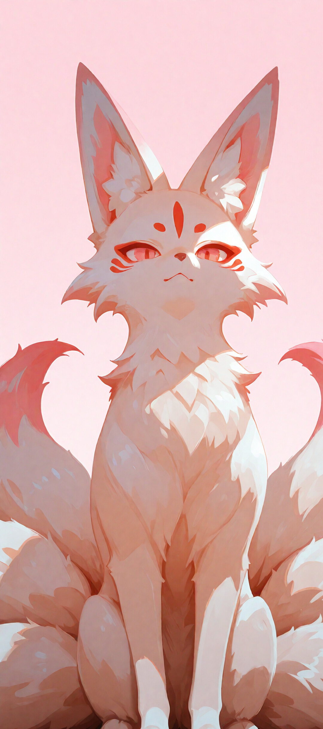 Une illustration de style manga représentant un renard à neuf queues, blanc et orange (kitsune), assis droit. Il a de grandes oreilles, des yeux rouge-dorés et une expression fière, et ses neuf queues sont déployées derrière lui sur un fond rose pâle.