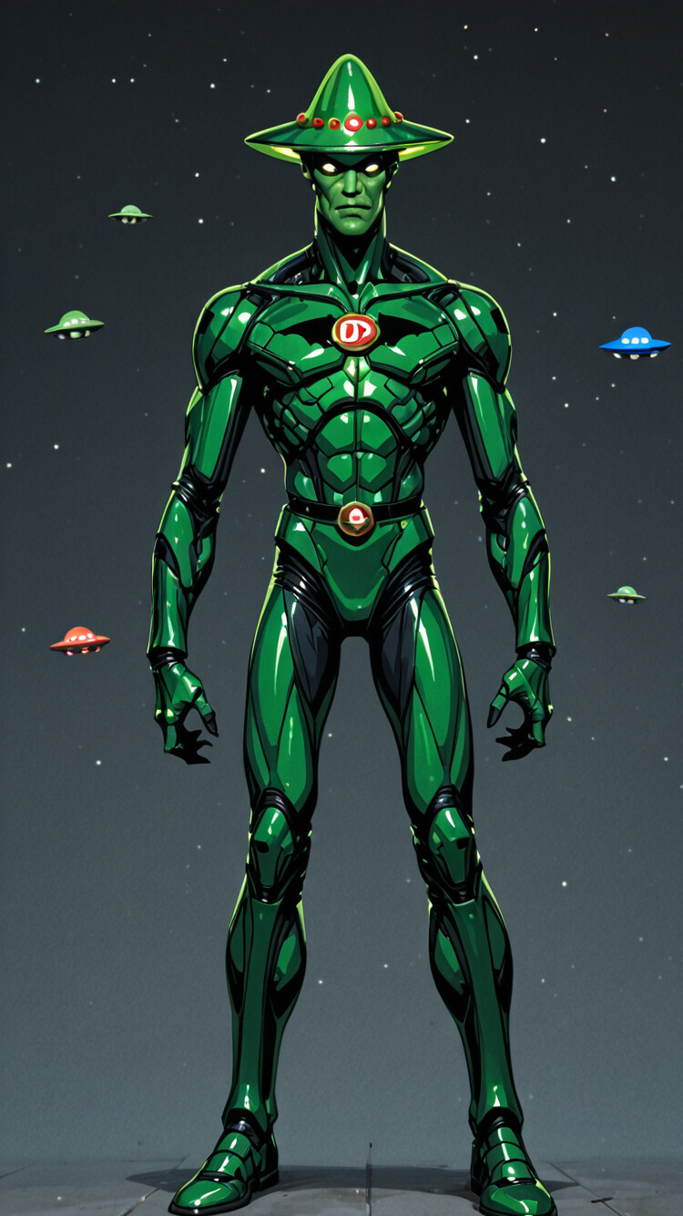 Une grande soucoupe volante verte, dessinée dans un style de bande dessinée, dotée de lumières jaunes scintillantes et d’une antenne, se découpant sur un ciel bleu foncé parsemé d’étoiles blanches.