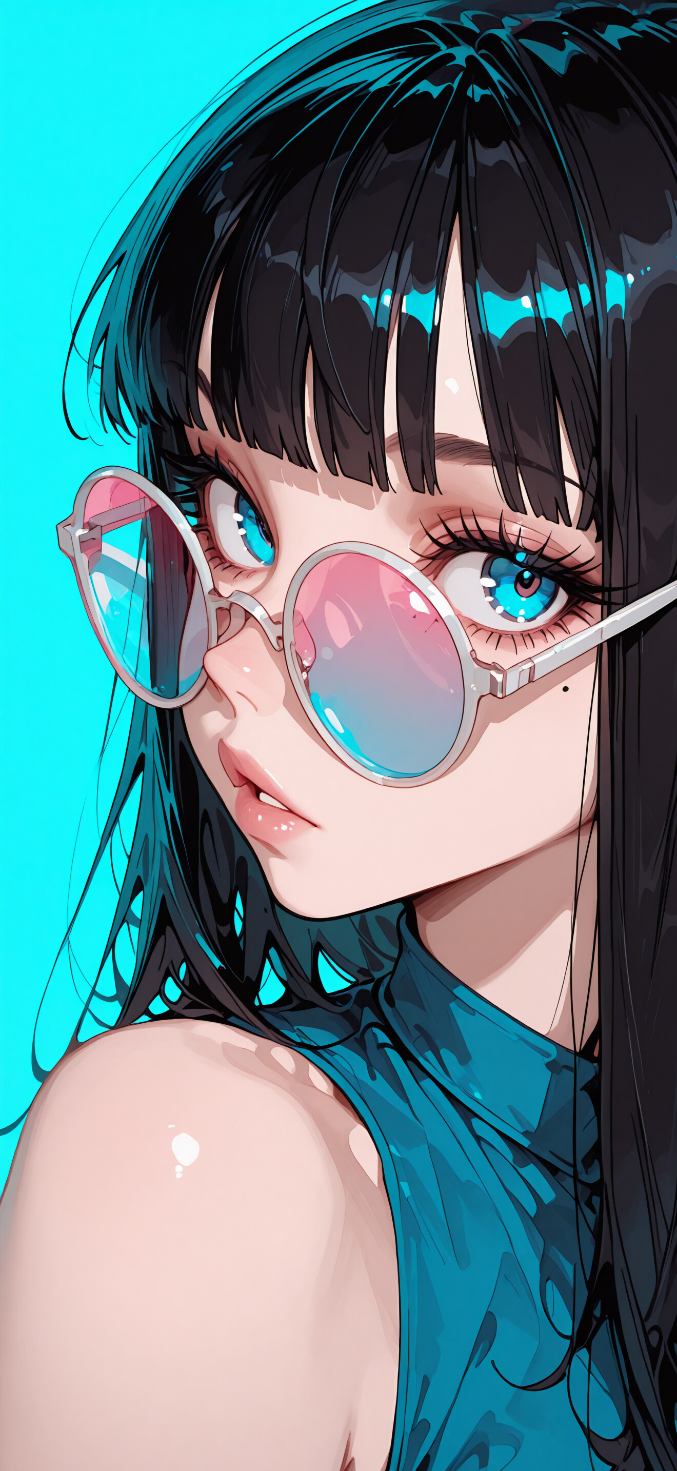 Une illustration numérique en gros plan représentant une jeune fille dans le style de l’animation japonaise (anime), avec de longs cheveux noirs et une frange. Elle porte de grandes lunettes rondes aux verres dégradés, allant du rose au bleu. Elle a de grands yeux bleus et regarde sur le côté, sur un fond bleu vif.
