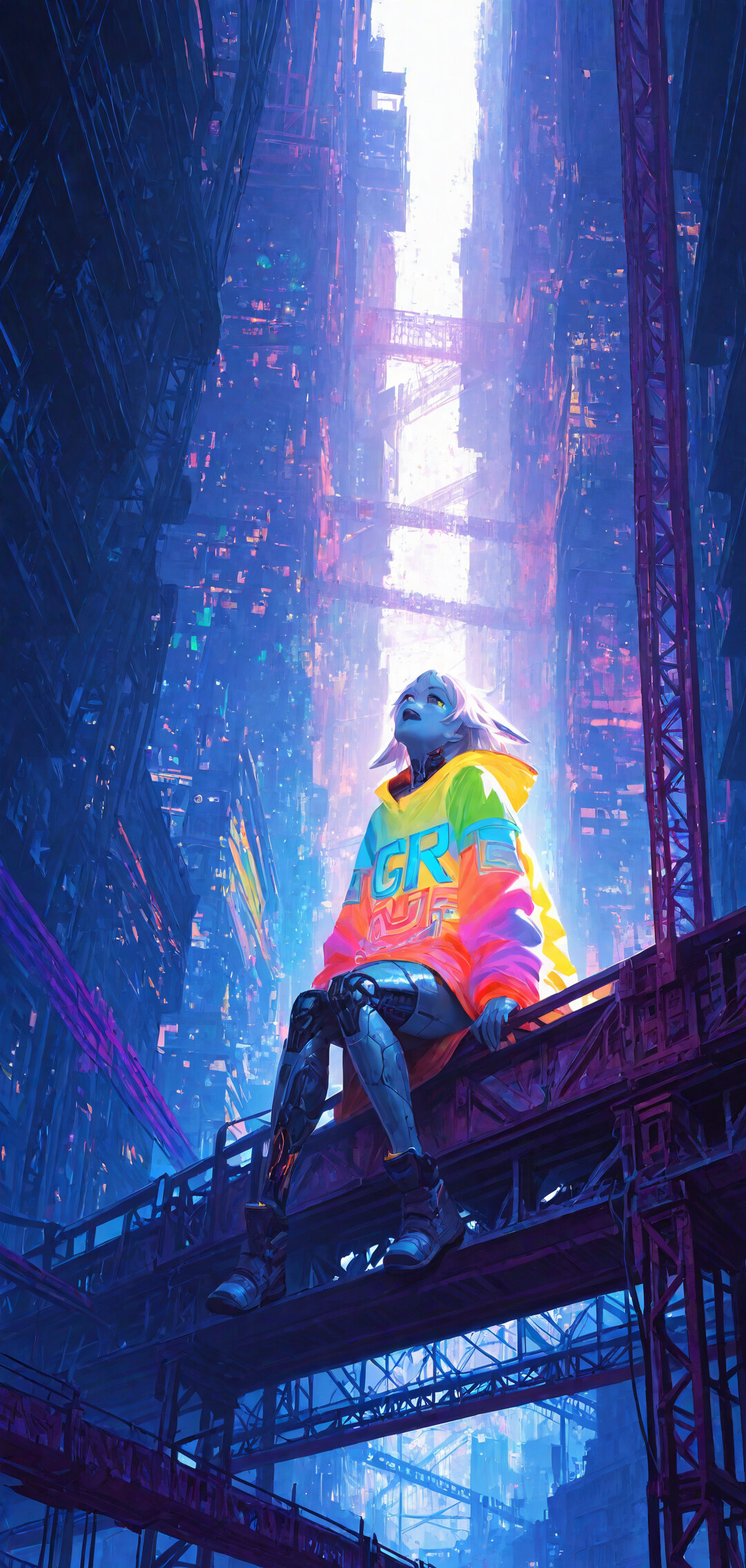 Une jeune femme aux cheveux blancs, vêtue d’un pull ample et coloré, est assise sur un toit et contemple une vaste ville futuriste de style cyberpunk, illuminée de néons bleus et violets, sous le ciel nocturne.