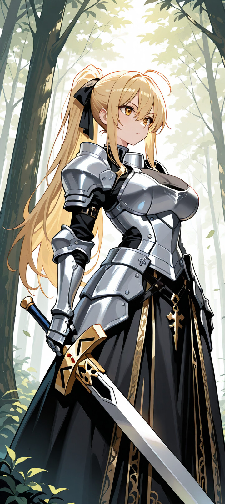 Une illustration d’anime représentant Saber Artoria Pendragon, une chevalière blonde vêtue d’une armure argentée complète et d’une robe noire, reposant sur l’herbe d’une forêt baignée de soleil, avec son épée, Excalibur, à ses côtés.