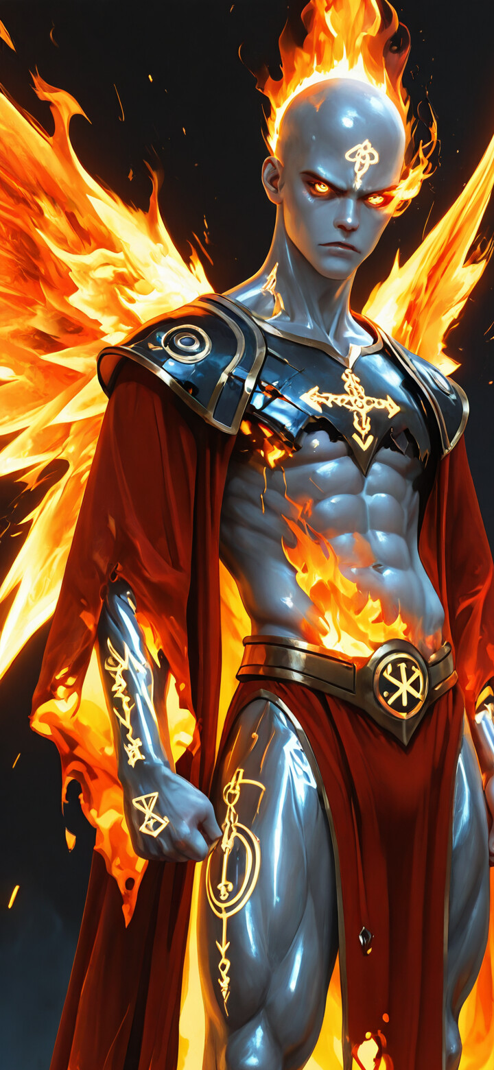 Une peinture numérique représentant un ange puissant, chauve, à la peau argentée et au corps musclé, en pied. Il a de grandes ailes blanches qui sont en proie à des flammes dorées. Sa tête est également couronnée de feu, ses yeux brillent et son corps est recouvert de runes dorées lumineuses. Il porte une robe rouge déchirée et embrasée par-dessus une armure sombre.