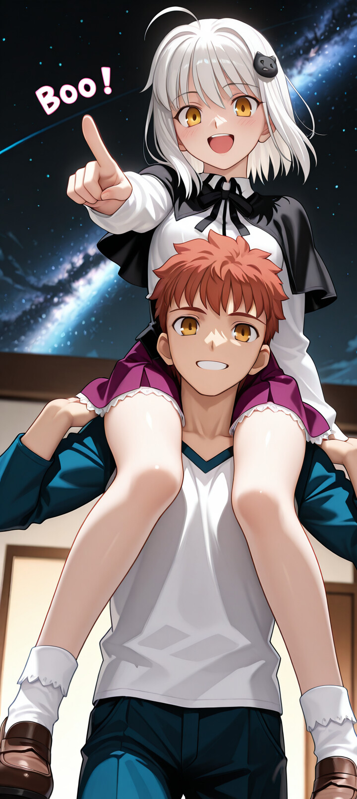 Shirou Emiya, personnage de la série Fate, sourit en portant Sitonai, une jeune fille aux cheveux blancs, sur ses épaules, au cœur de la nuit. Sous un ciel étoilé, avec la Voie lactée visible en arrière-plan, elle pointe du doigt avec enthousiasme la direction à suivre.