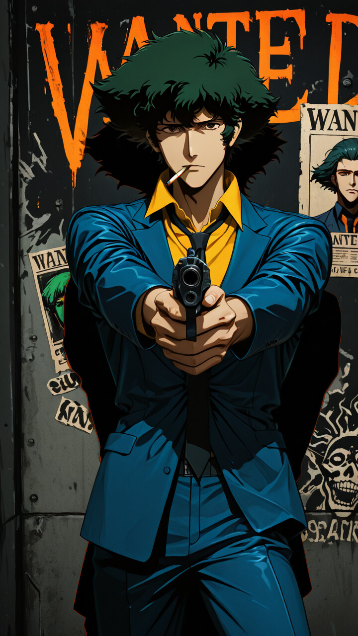 Illustration de Spike Spiegel, dans le style des dessins animés japonais, tirée de Cowboy Bebop, où il pointe un pistolet vers la caméra. Il a les cheveux noirs et ébouriffés, une cigarette à la bouche et porte un costume bleu. Derrière lui, on aperçoit un mur avec une grande enseigne néon indiquant « RECHERCHÉ ».