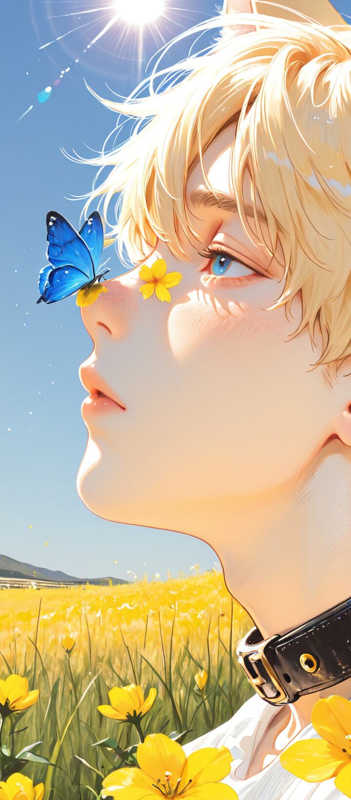 Une illustration de style manga représentant un jeune homme aux cheveux blonds et aux oreilles de chat, de profil. Il se trouve dans un champ ensoleillé, parsemé de fleurs jaunes, et regarde un papillon bleu qui vole près de son visage. Il porte un collier noir et une chemise blanche.