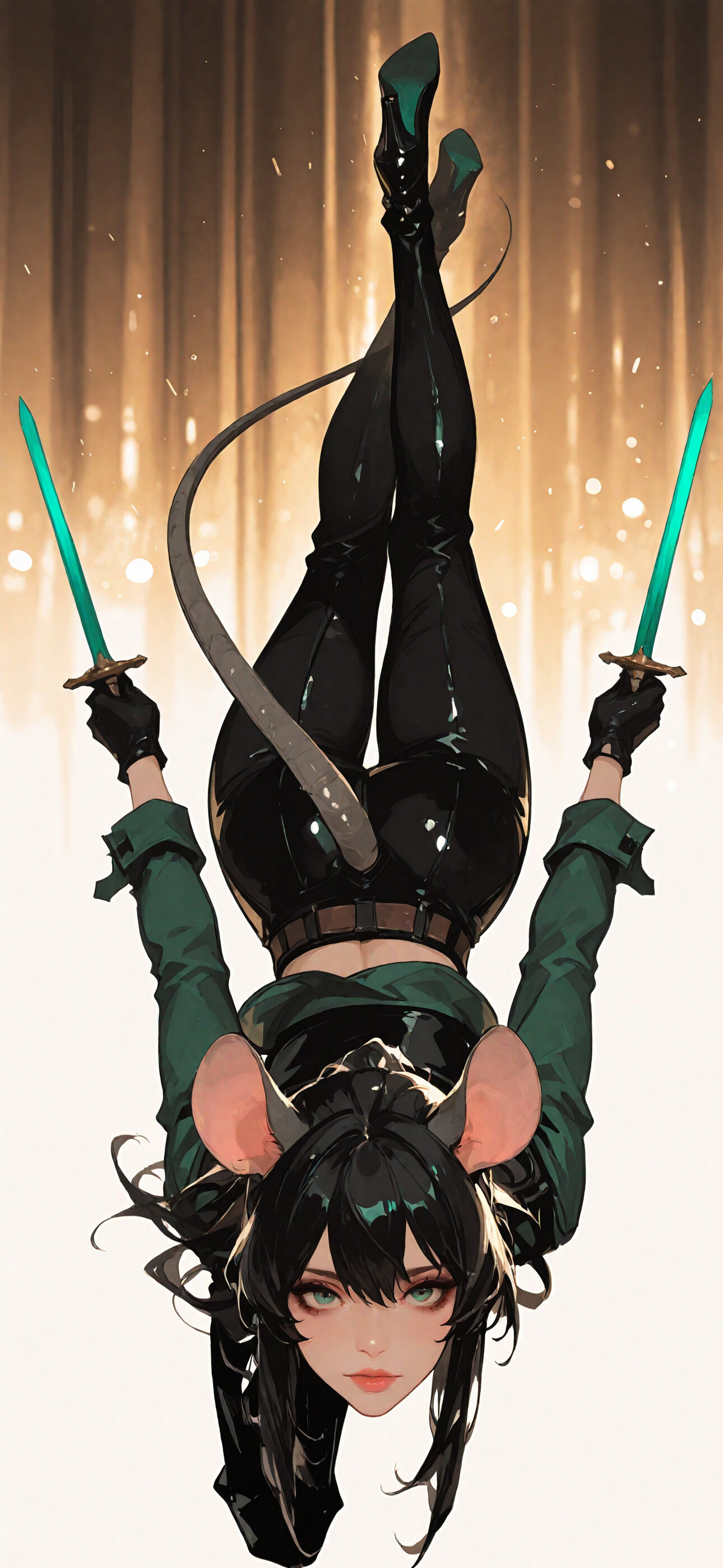 Une jeune femme, personnage d’anime, aux cheveux noirs, aux yeux verts, aux grandes oreilles de souris et à la longue queue de souris, vêtue d’une chemise verte et d’un pantalon noir, est allongée sur un sol carrelé blanc et regarde directement l’objectif de la caméra.