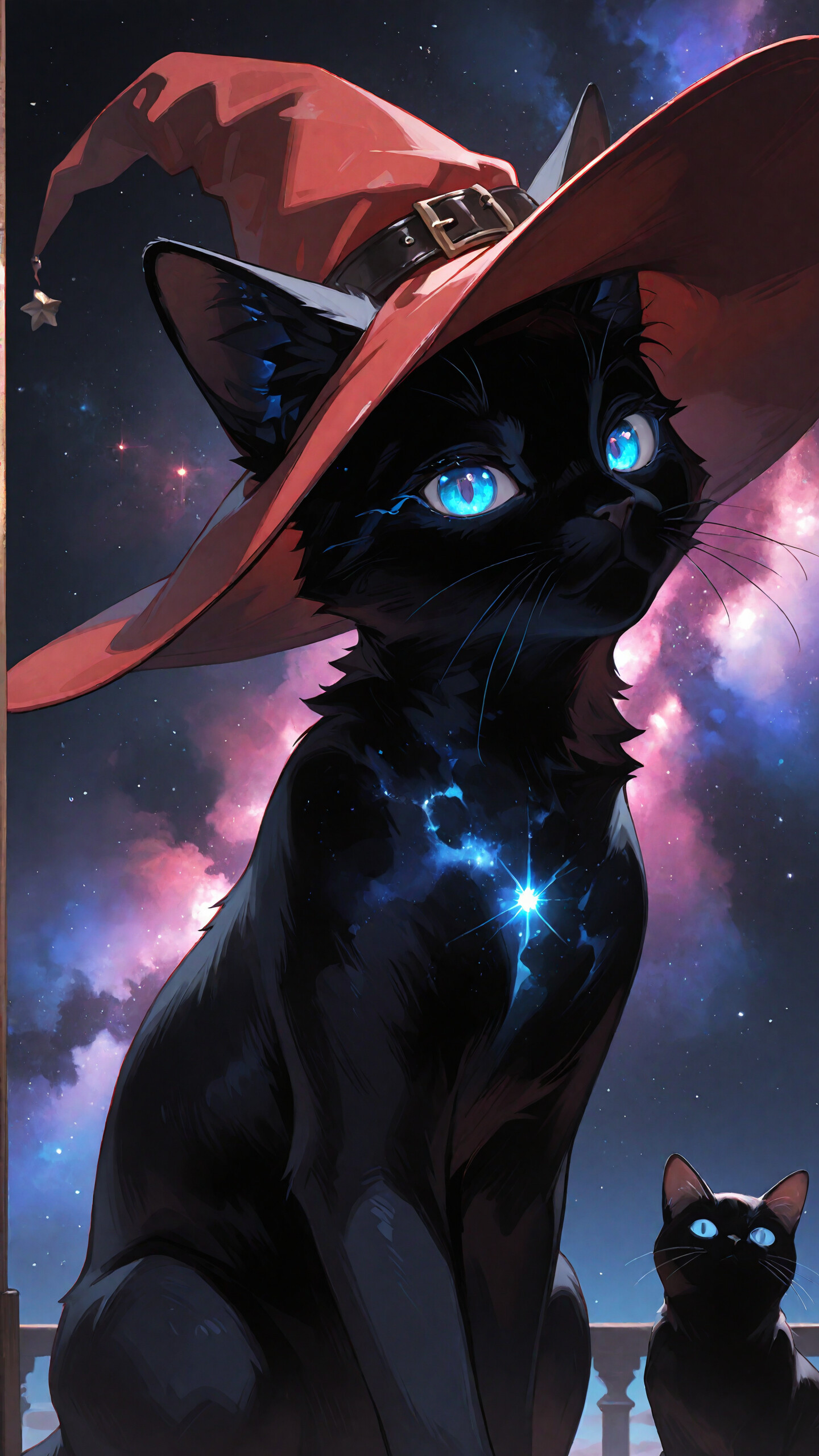 Une illustration numérique représentant un chat noir élégant aux yeux bleus lumineux, portant un grand chapeau de sorcière rouge. Le chat est assis et regarde directement le spectateur, sur un fond de ciel nocturne violet et rouge parsemé de nébuleuses.