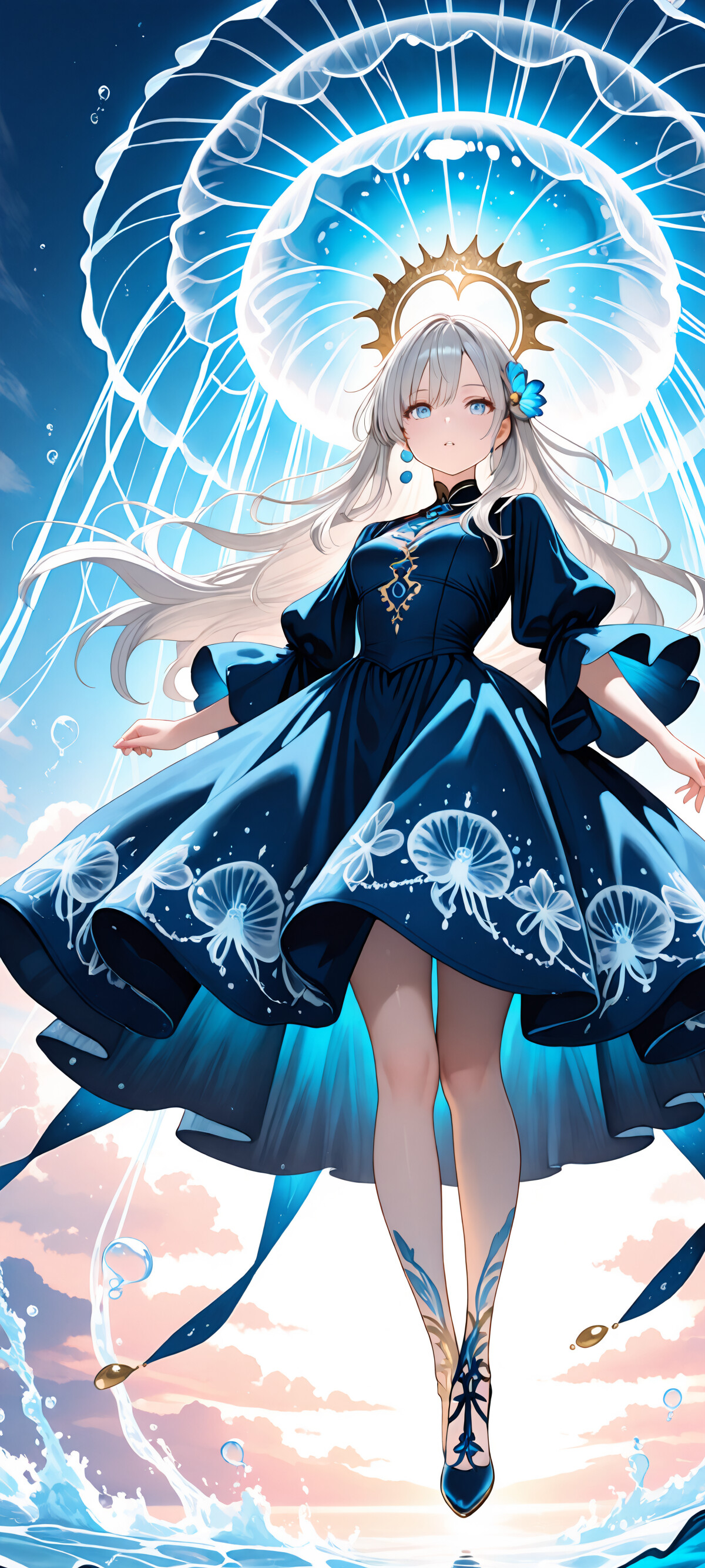 Une jeune fille d’anime, aux longs cheveux argentés et vêtue d’une robe bleu foncé, se tient à la surface de l’eau. Une grande méduse bleue et lumineuse est posée sur sa tête, comme un chapeau, sur un fond bleu ciel.