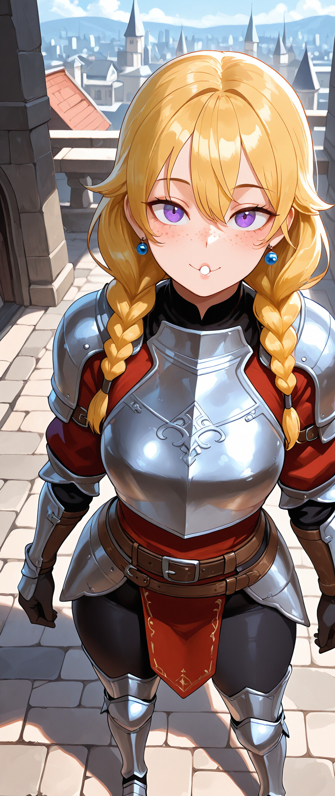 Une jeune femme chevalier, aux cheveux blonds tressés et aux yeux violets, vêtue d’une armure argentée par-dessus une tunique violette, se tient sur un pont de pierre dans une ville médiévale et sourit à la personne qui la regarde.