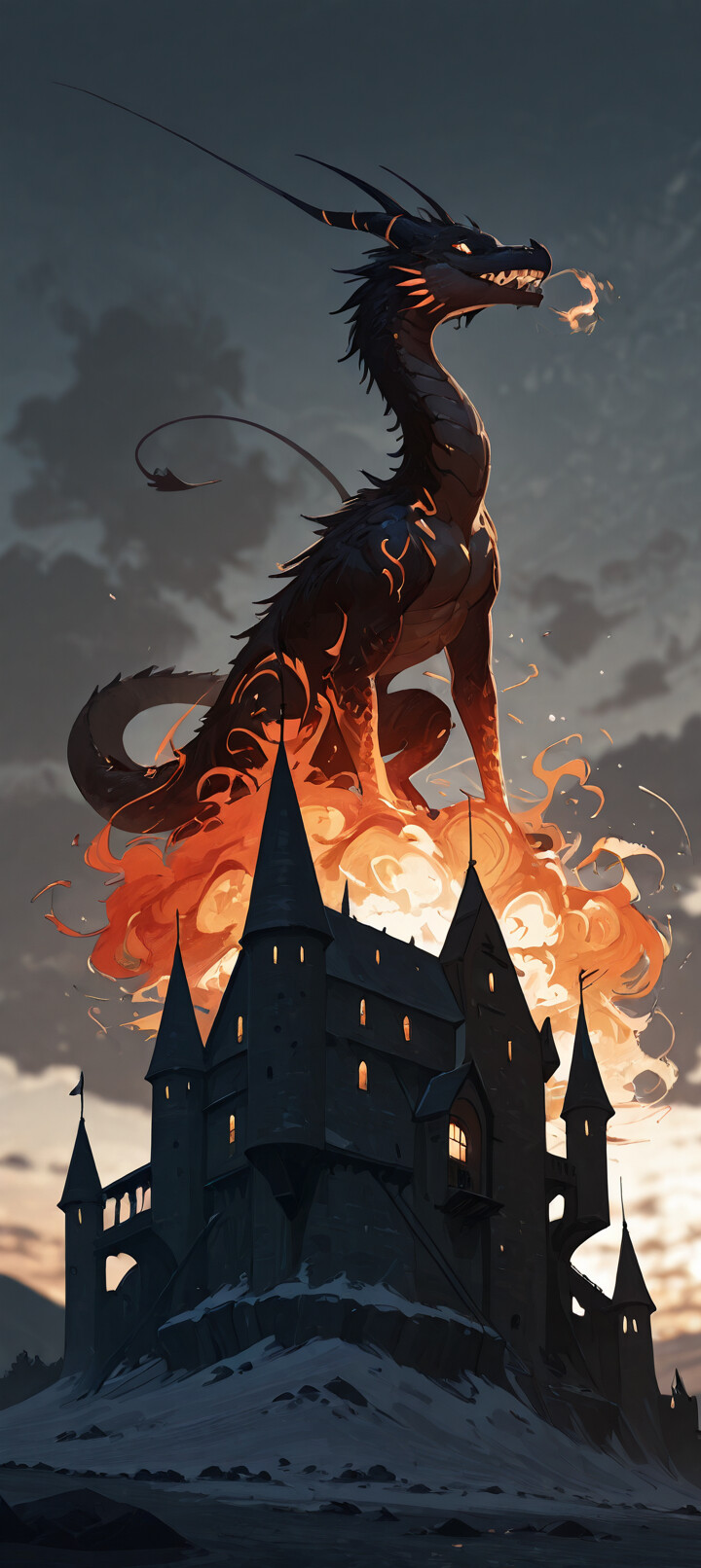 Un grand dragon serpentin, resplendissant de feu et de flammes, se tient majestueusement sur la plus haute tour d’un château gothique sombre, au crépuscule.