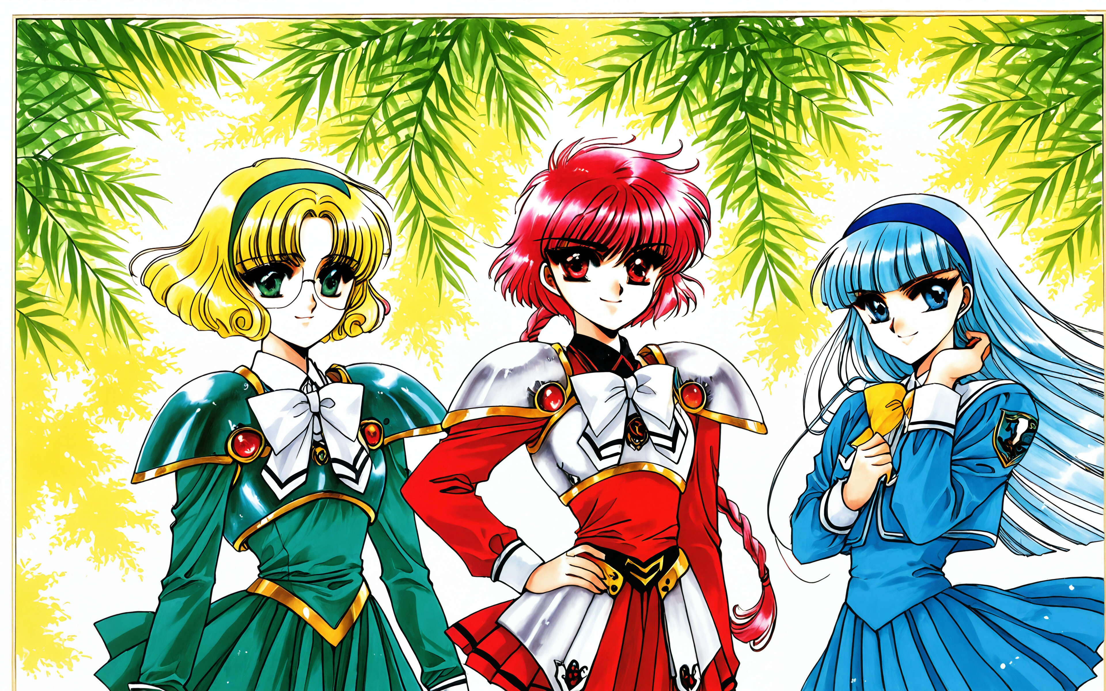 Illustration complète représentant Hikaru Shidou, Umi Ryuuzaki et Fuu Hououji, tirée de l’œuvre Magic Knight Rayearth. Hikaru a les cheveux roux, Umi a les cheveux bleus et Fuu a les cheveux blonds et porte des lunettes. Elles sont vêtues d’uniformes scolaires renforcés et se tiennent devant un grand cadre circulaire doré et orné.