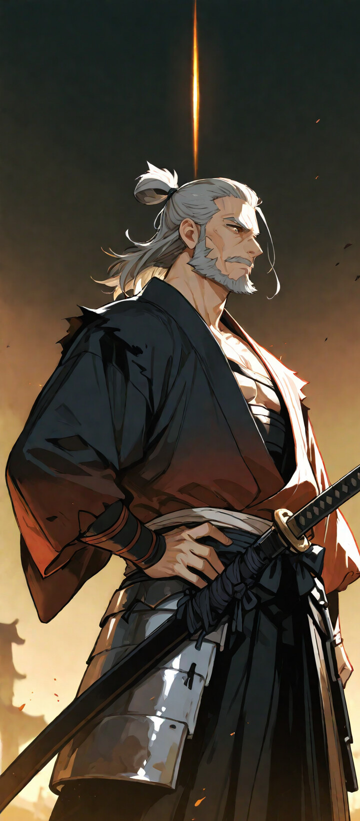 Une illustration de style manga représentant un samouraï âgé et musclé, aux cheveux et à la barbe gris, vêtu d’un kimono noir et d’une armure partielle, se tenant avec assurance sur un champ de bataille au lever du soleil.